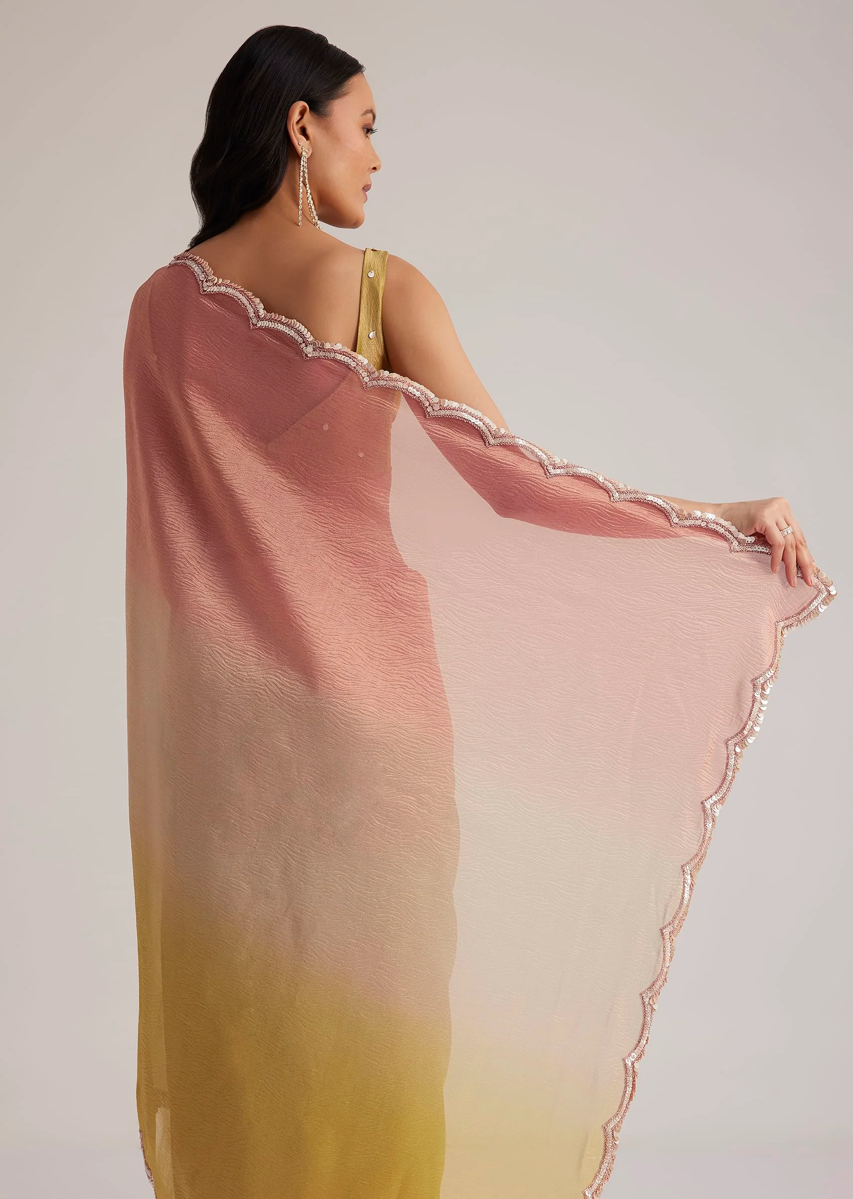 Mustard Yellow Triple Shaded Crushed Tissue Saree With Scallop Border - Image 6