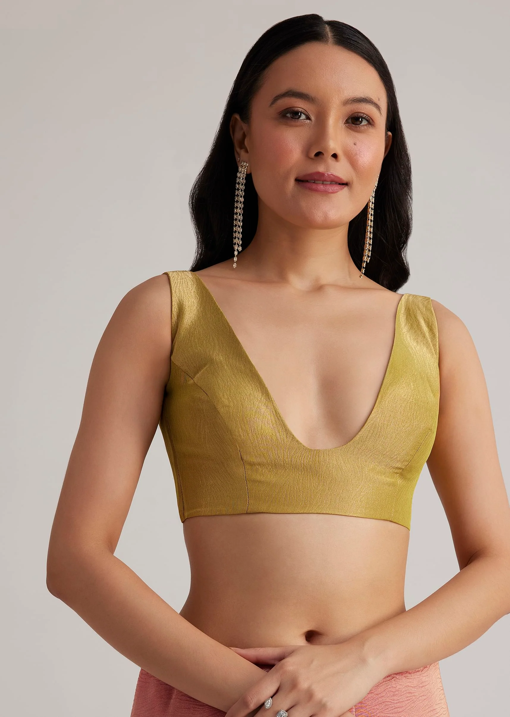 Mustard Yellow Triple Shaded Crushed Tissue Saree With Scallop Border - Image 7