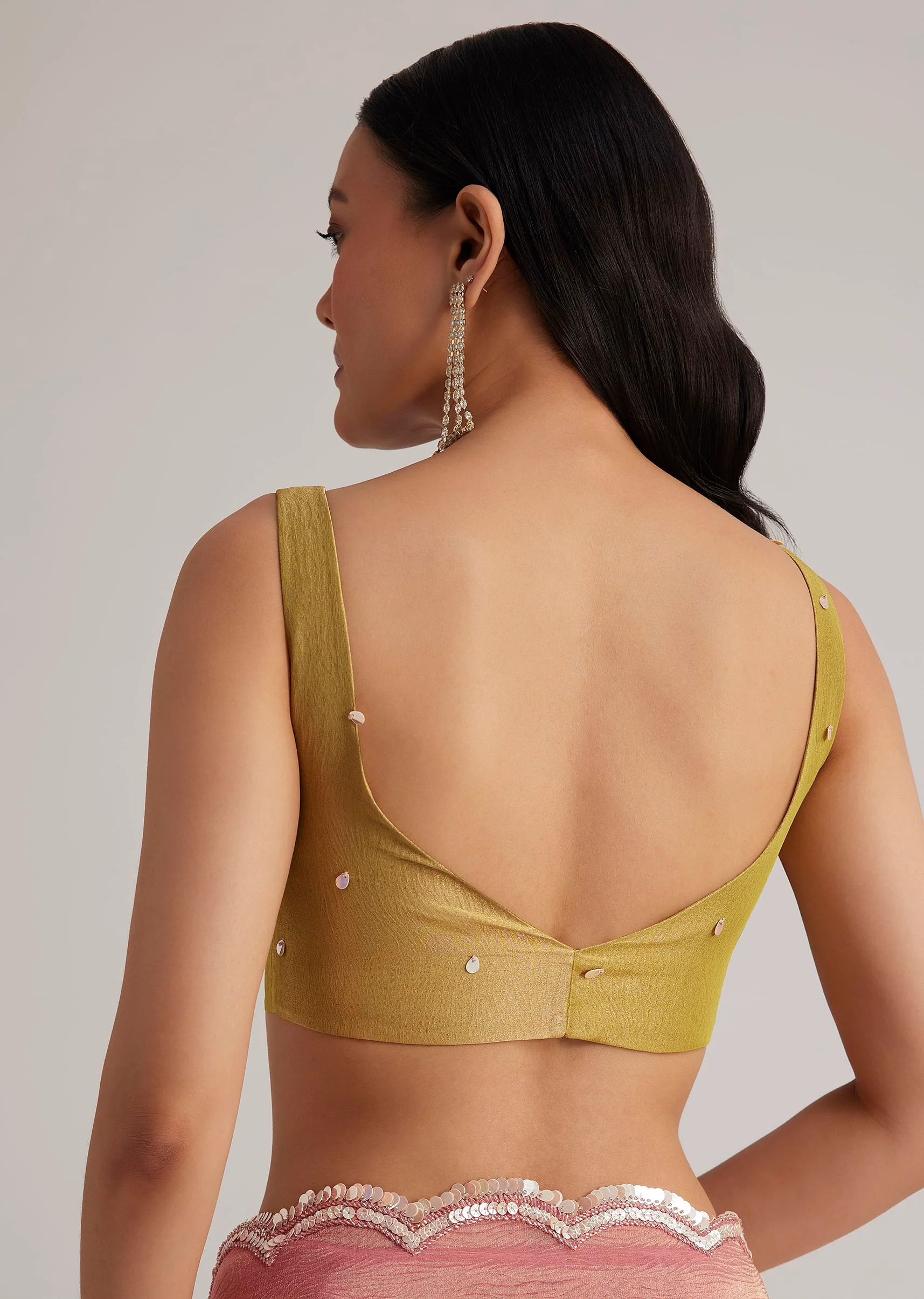 Mustard Yellow Triple Shaded Crushed Tissue Saree With Scallop Border - Image 8