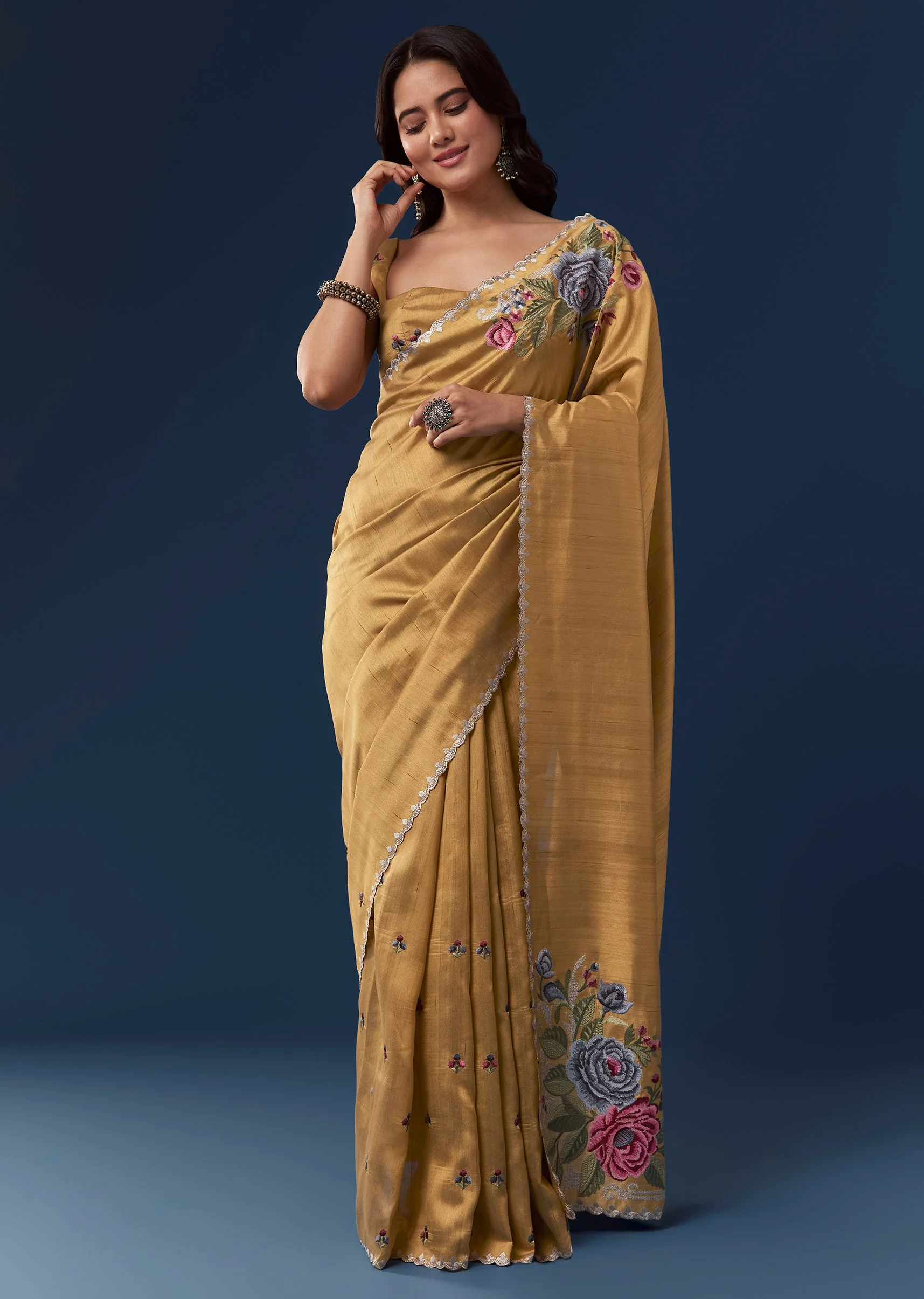Mustard Yellow Tussar Saree With Scallop Border And Multicolor Floral Embroidery