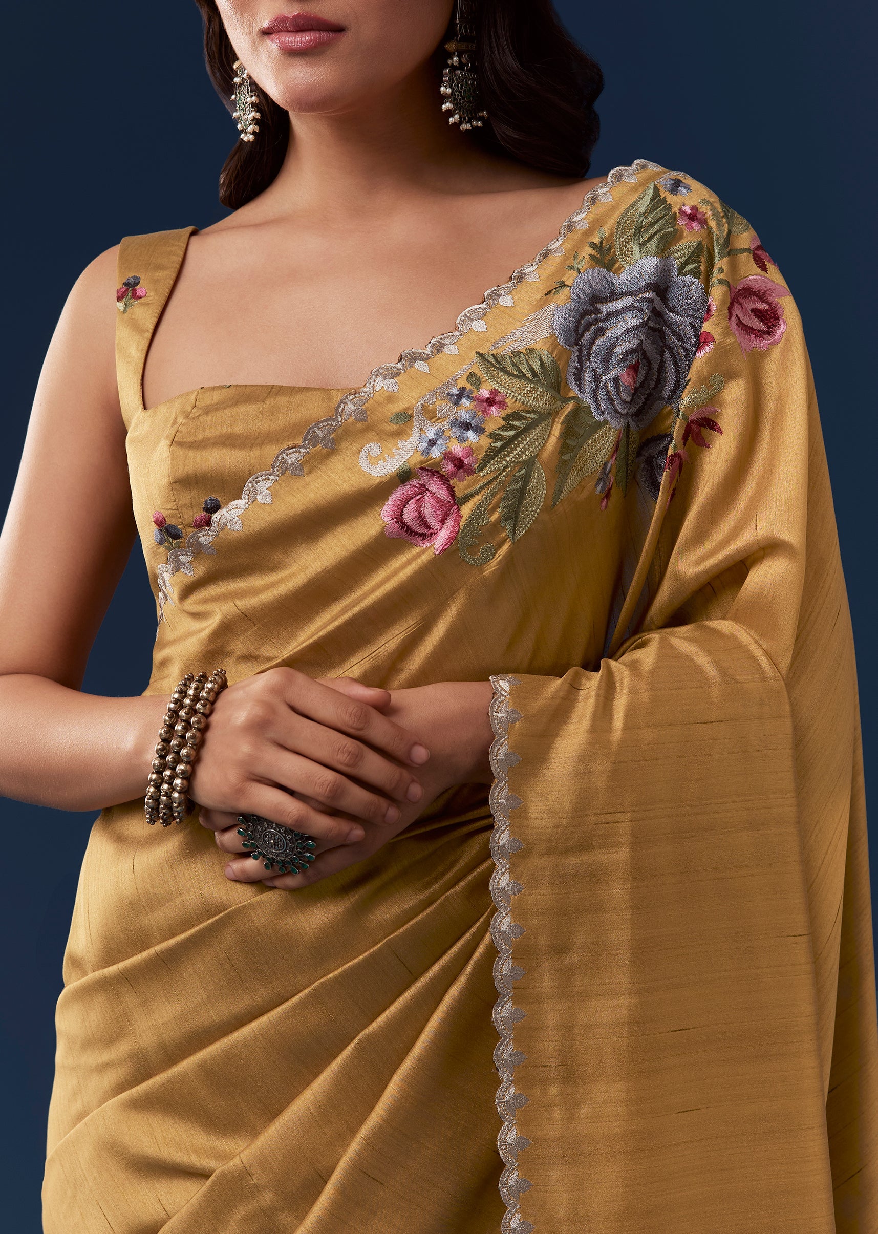 Mustard Yellow Tussar Saree With Scallop Border And Multicolor Floral Embroidery - Image 2