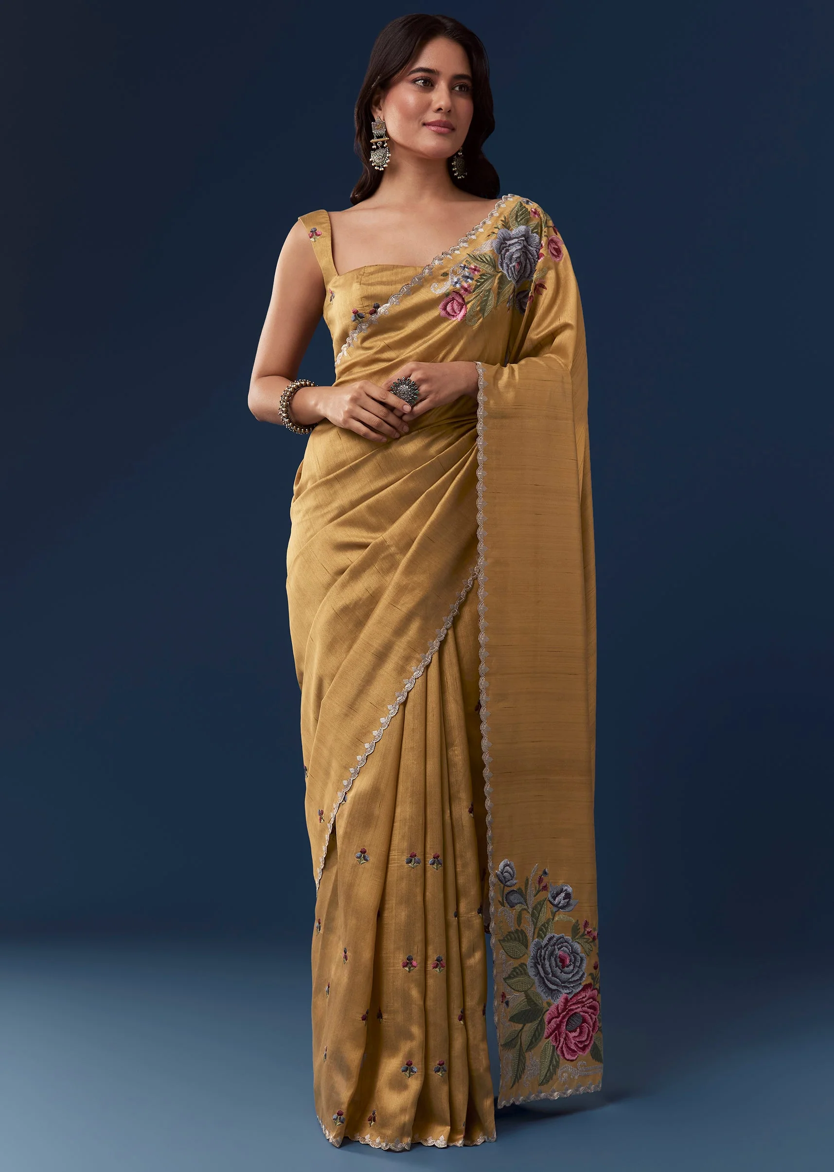 Mustard Yellow Tussar Saree With Scallop Border And Multicolor Floral Embroidery - Image 3