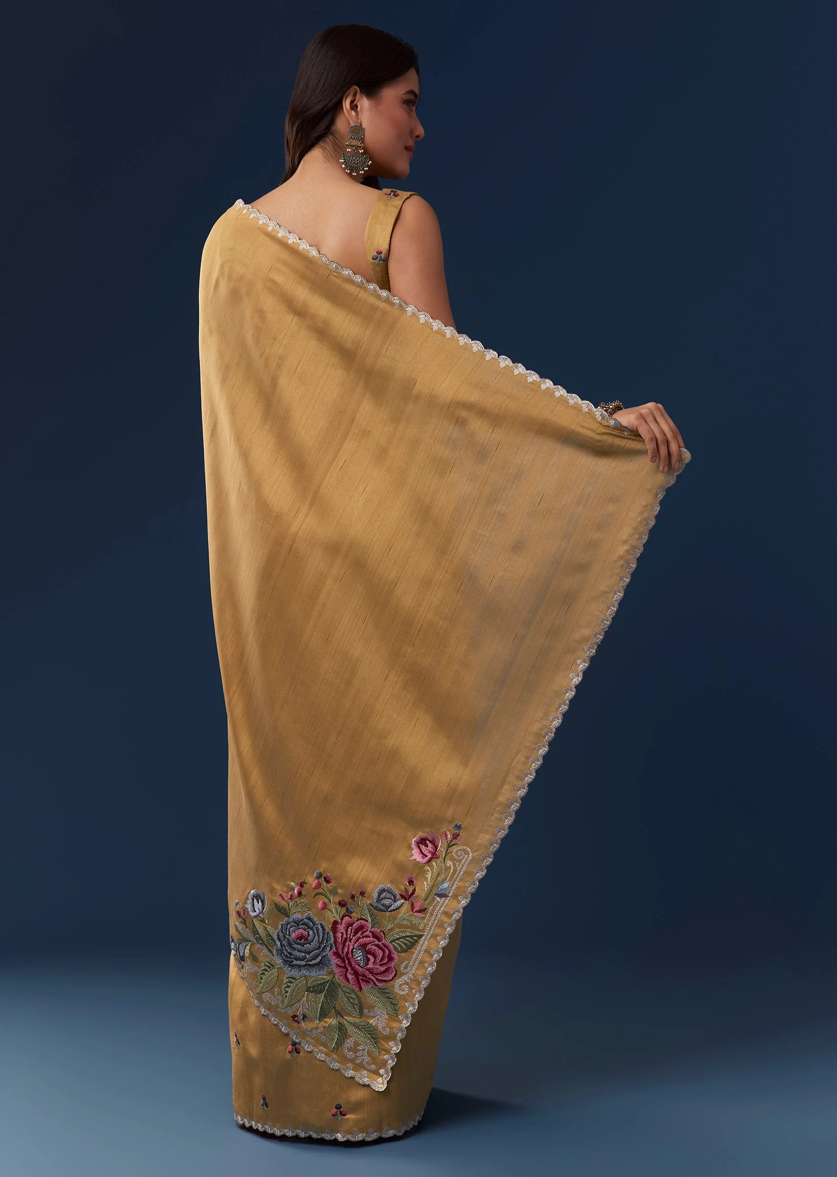 Mustard Yellow Tussar Saree With Scallop Border And Multicolor Floral Embroidery - Image 4