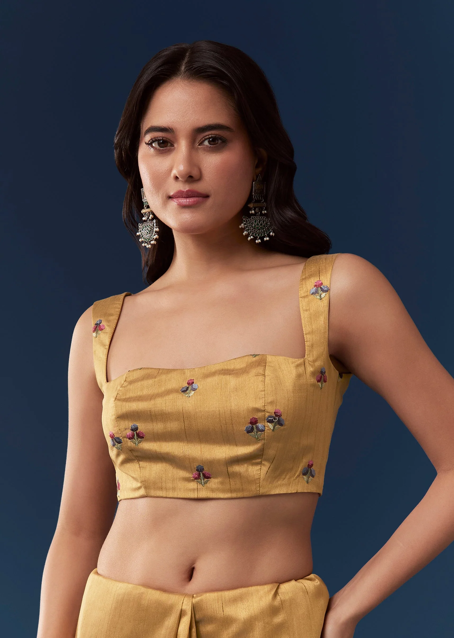 Mustard Yellow Tussar Saree With Scallop Border And Multicolor Floral Embroidery - Image 7