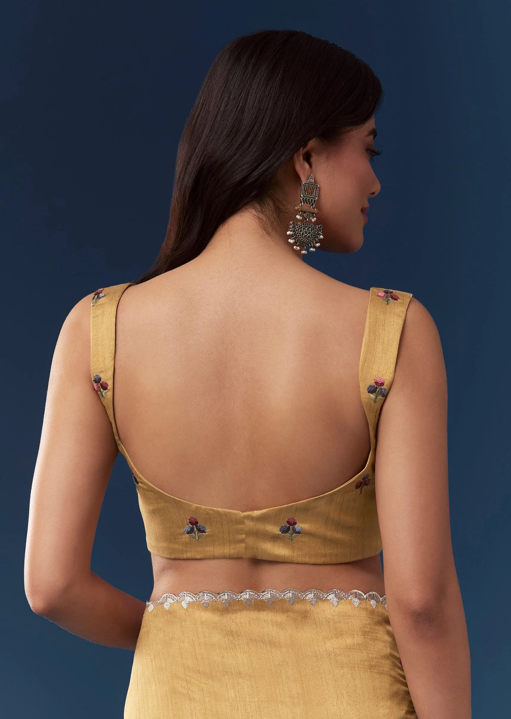 Mustard Yellow Tussar Saree With Scallop Border And Multicolor Floral Embroidery - Image 8