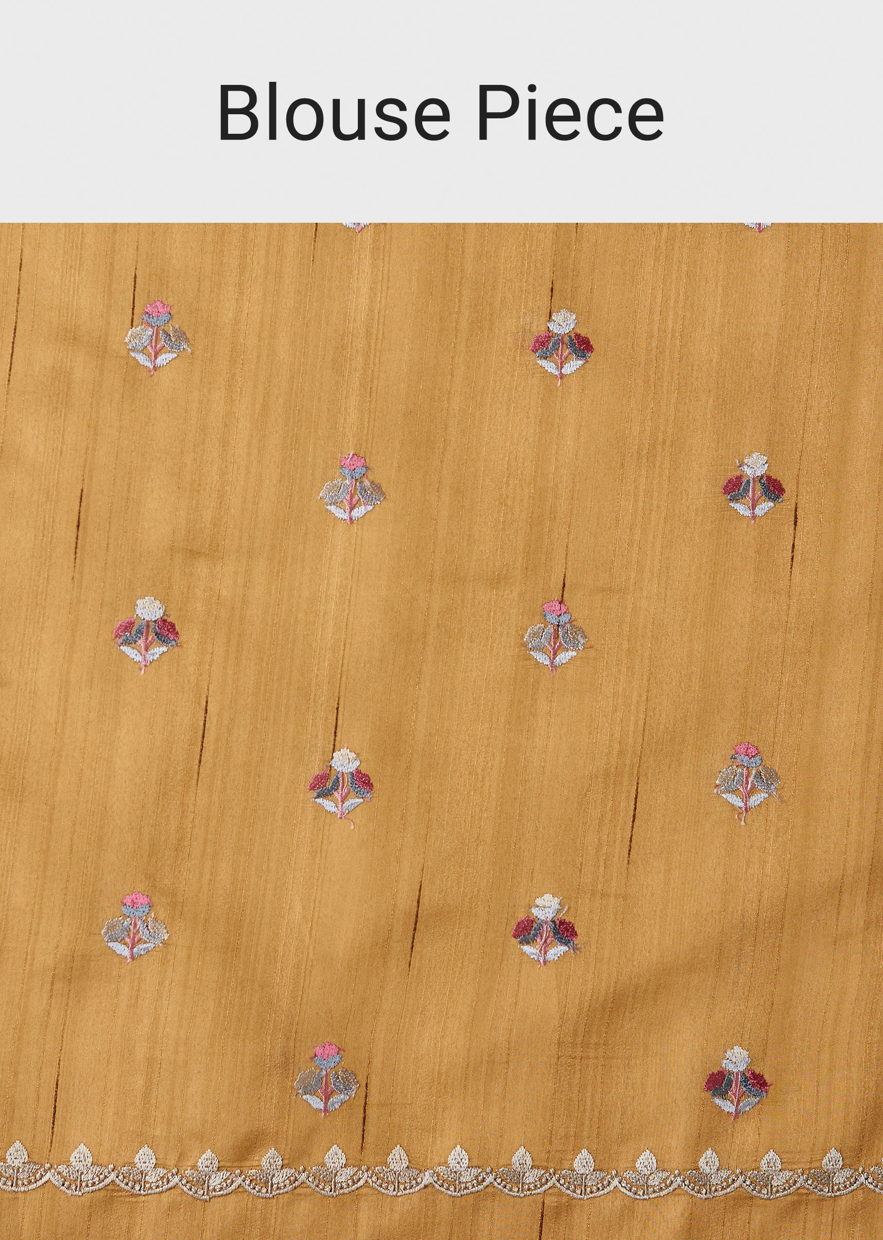 Mustard Yellow Tussar Saree With Scallop Border And Multicolor Floral Embroidery - Image 9