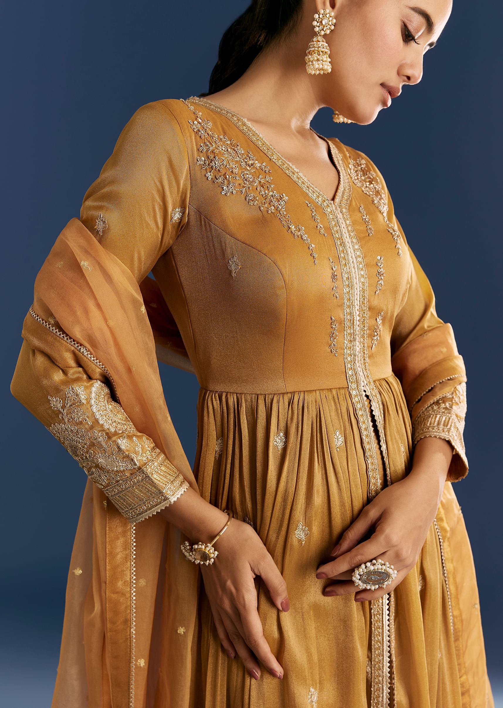 Mustard Yellow Zardosi Embroidered Anarkali Dupatta Set - Image 2