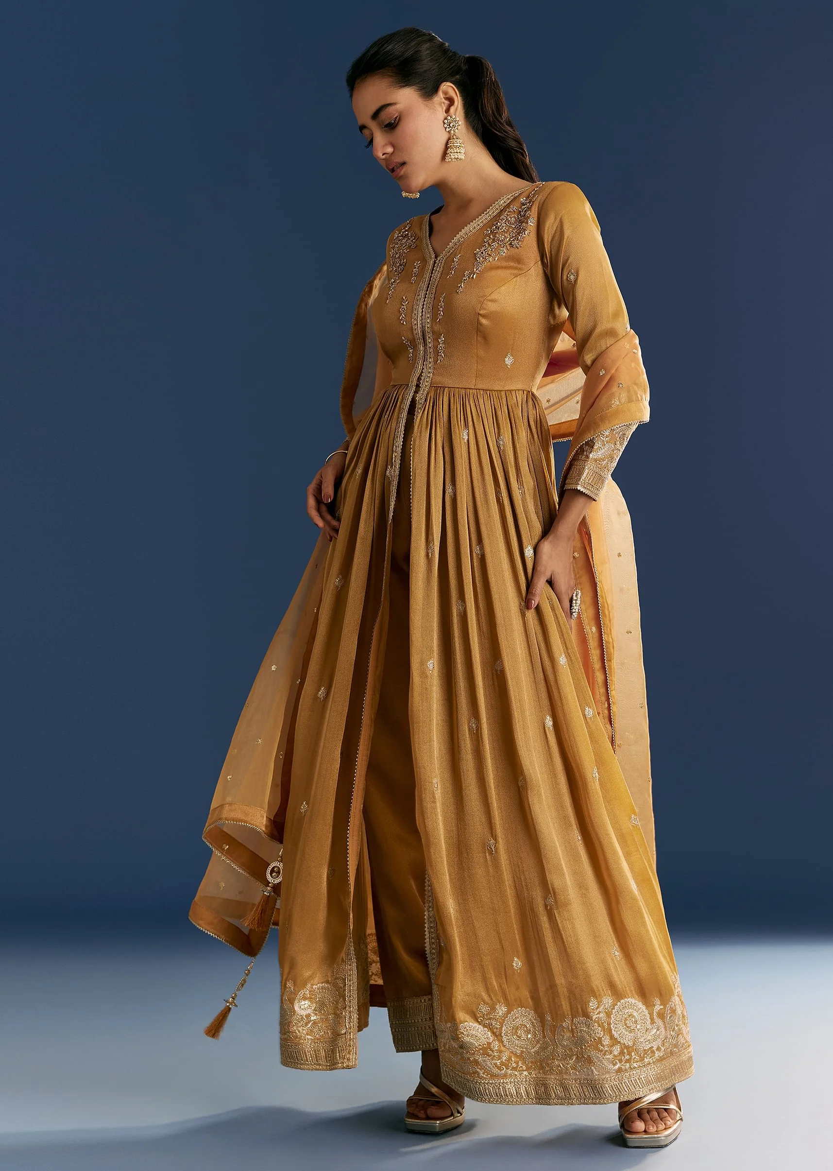 Mustard Yellow Zardosi Embroidered Anarkali Dupatta Set - Image 3