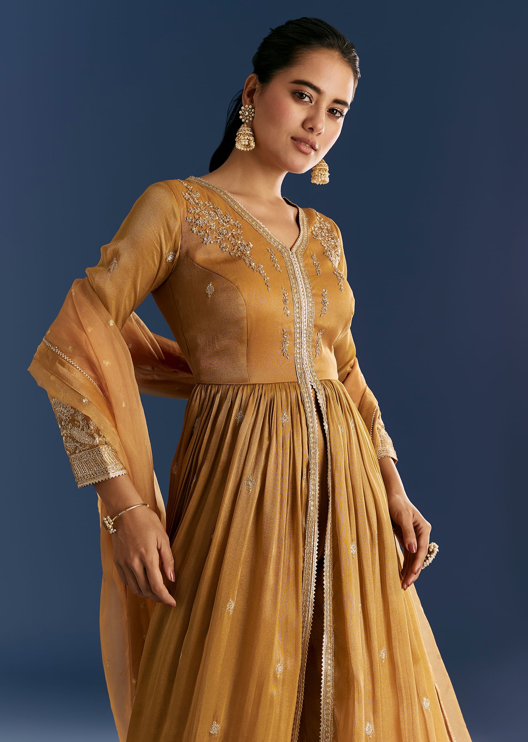 Mustard Yellow Zardosi Embroidered Anarkali Dupatta Set - Image 4