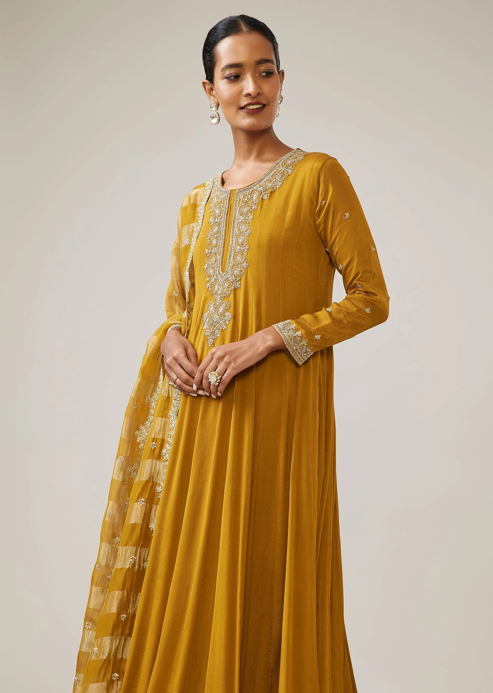 Mustard Yellow Zardozi Chinon Anarkali - Image 4