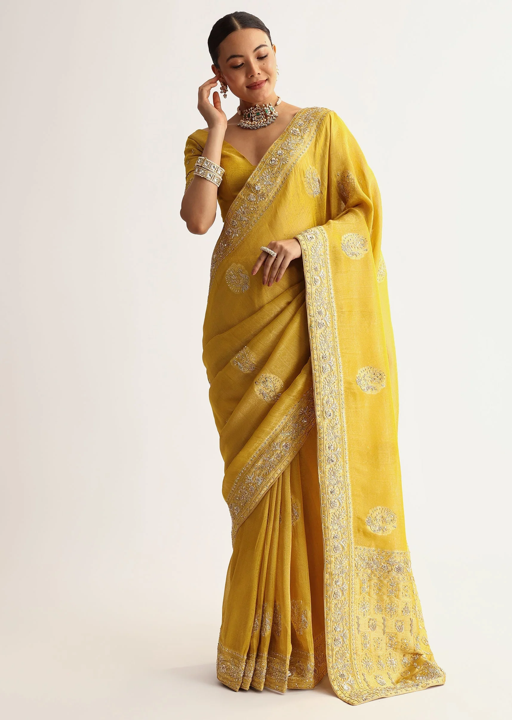 Musturd Yellow Silk Saree With Pallu And Border Embroidery - Image 3