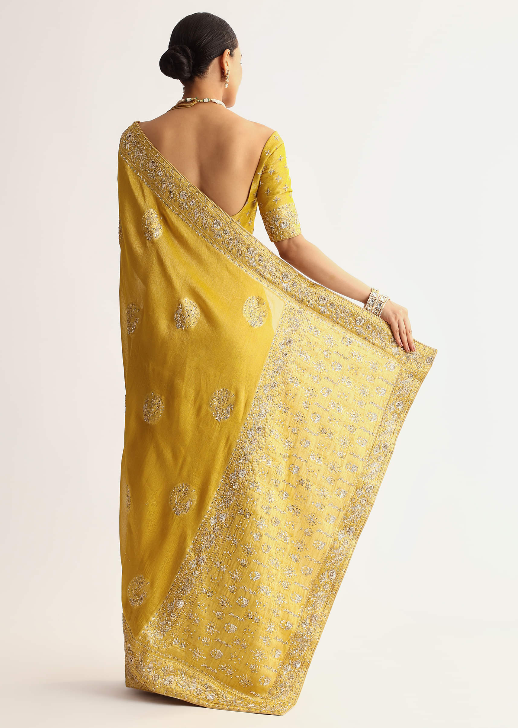 Musturd Yellow Silk Saree With Pallu And Border Embroidery - Image 6