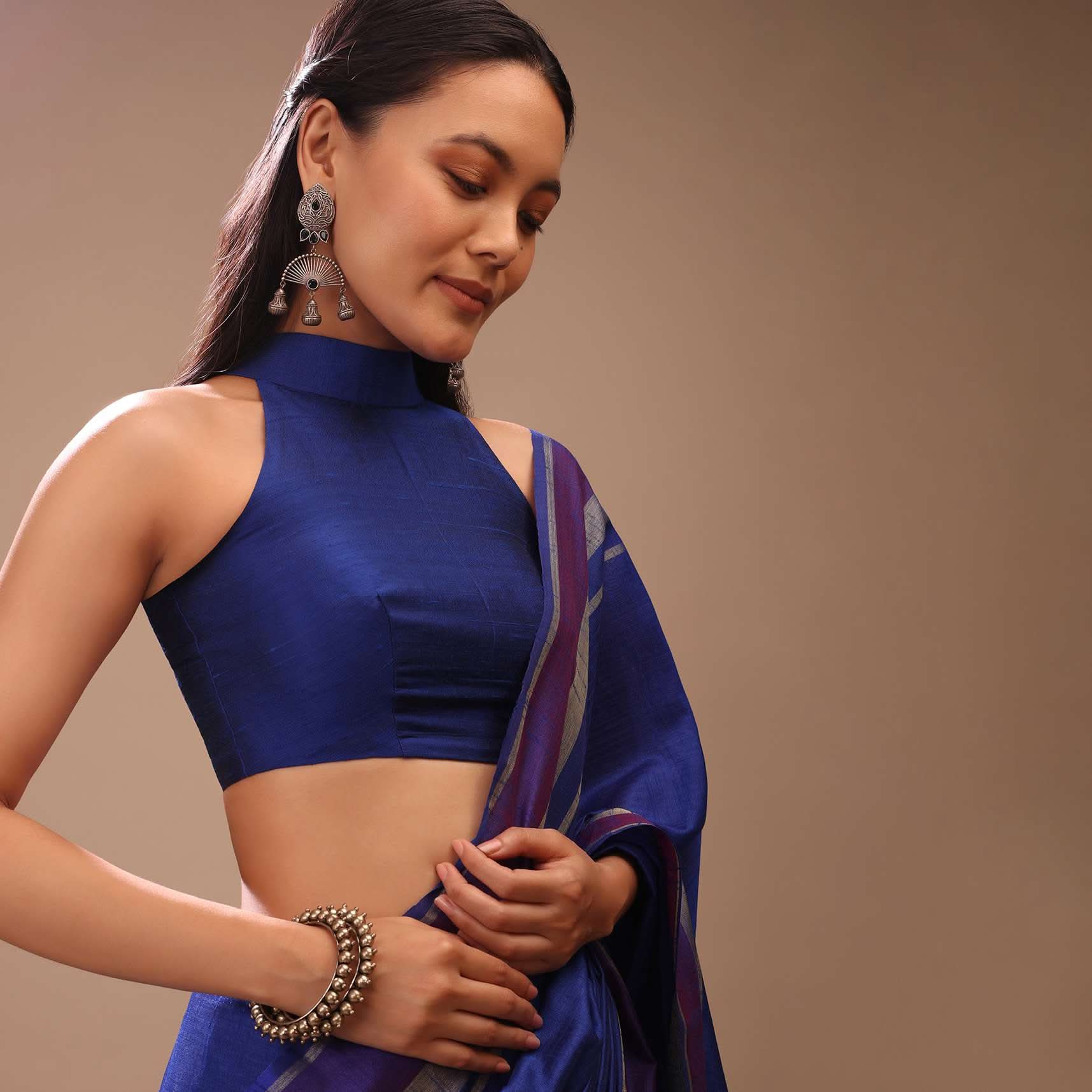 Nautical Blue Blouse In Raw Silk With High Collar Halter Neckline And Back Zip Closure - Image 3