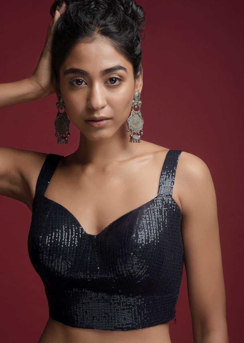 Navy Blue Blouse Embellished In Sequins With Corset Neckline - Image 4