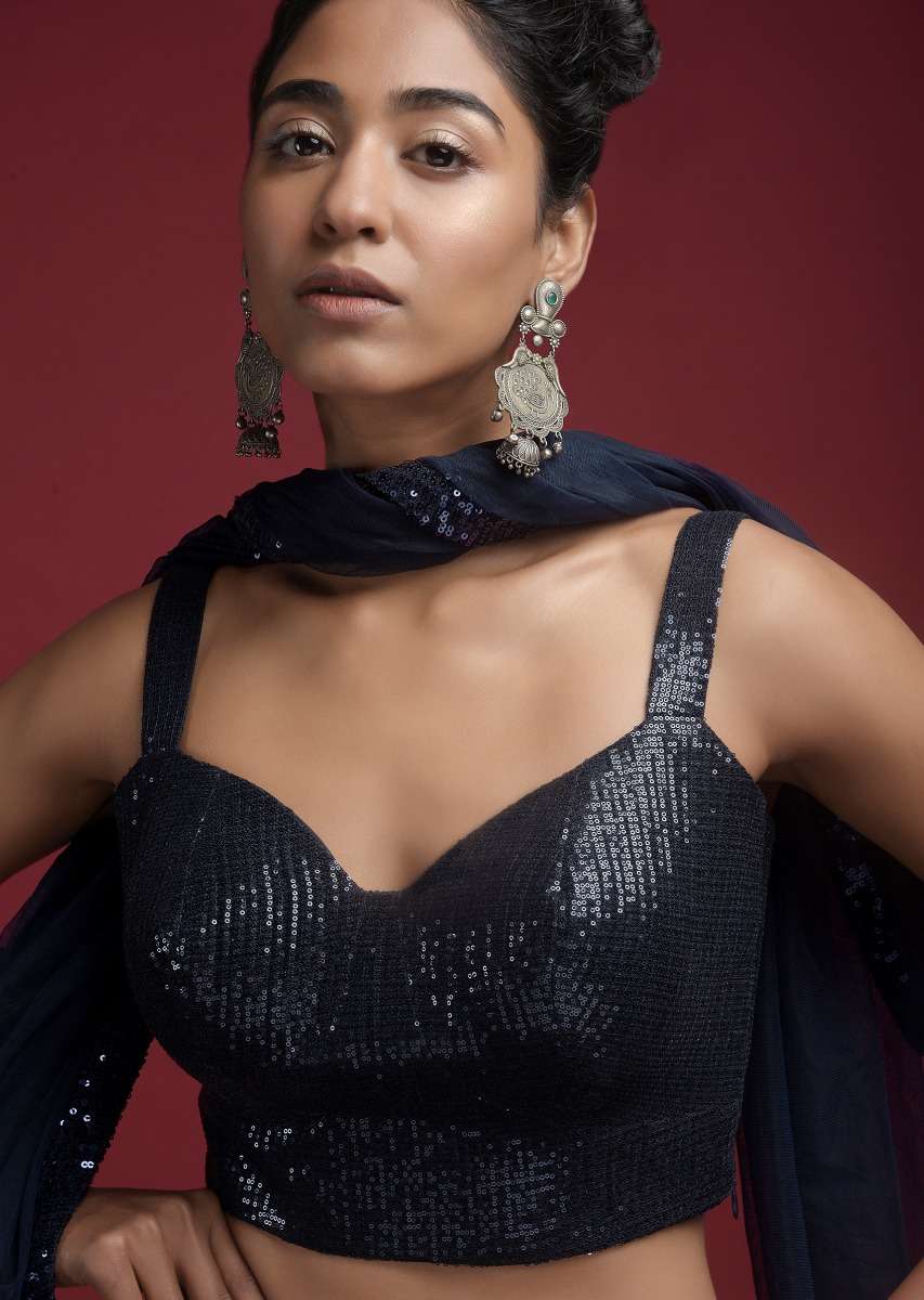 Navy Blue Blouse Embellished In Sequins With Corset Neckline - Image 5