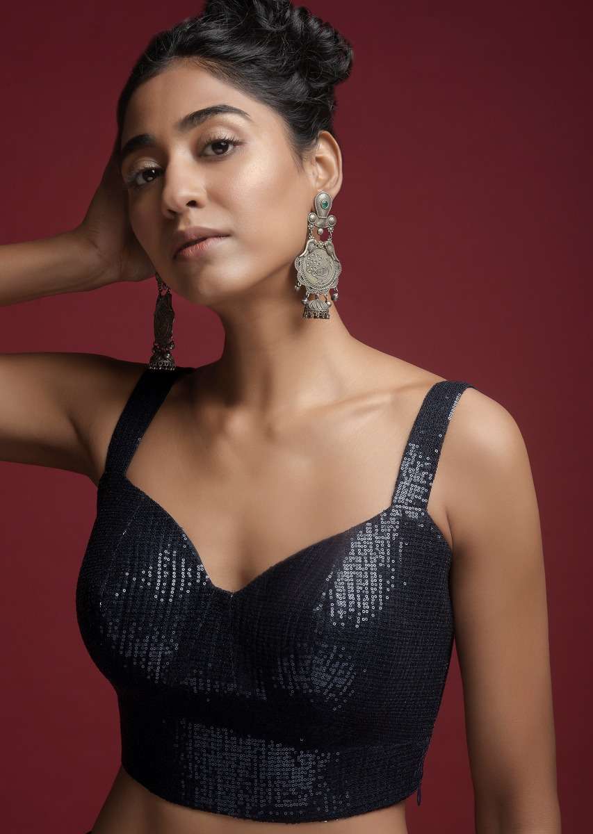 Navy Blue Blouse Embellished In Sequins With Corset Neckline - Image 6