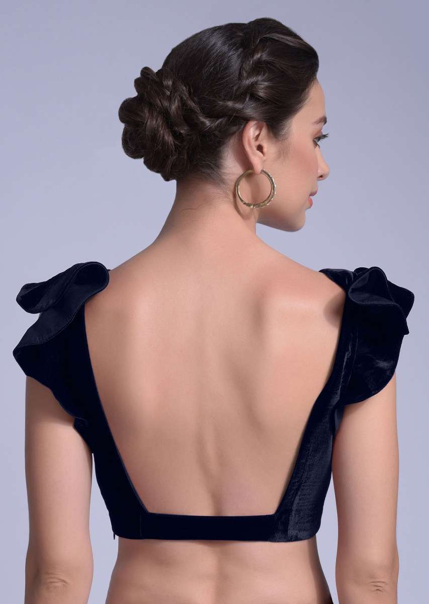 Navy Blue Blouse In Velvet With A Trapeze Neck And Ruffle Sleeves - Image 2