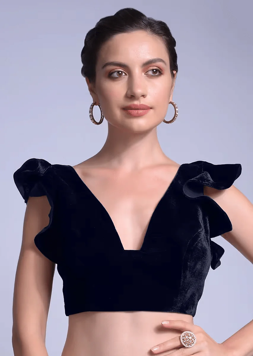 Navy Blue Blouse In Velvet With A Trapeze Neck And Ruffle Sleeves - Image 4