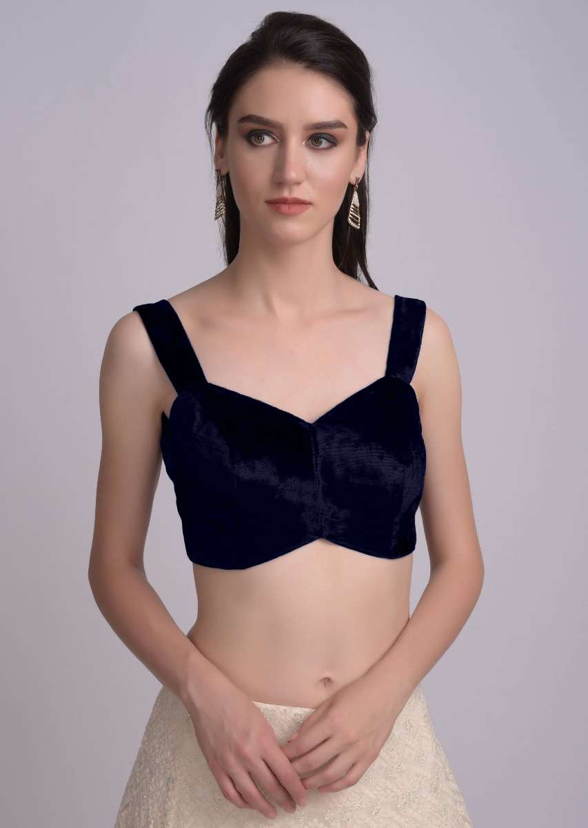 Navy blue Blouse In Velvet With Sweetheart Neckline And Curved Hem