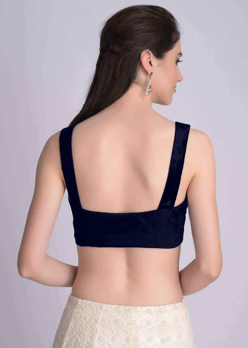 Navy blue Blouse In Velvet With Sweetheart Neckline And Curved Hem - Image 2