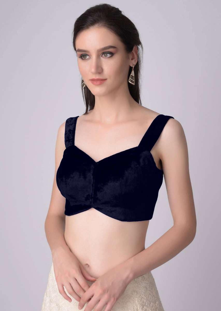 Navy blue Blouse In Velvet With Sweetheart Neckline And Curved Hem - Image 3