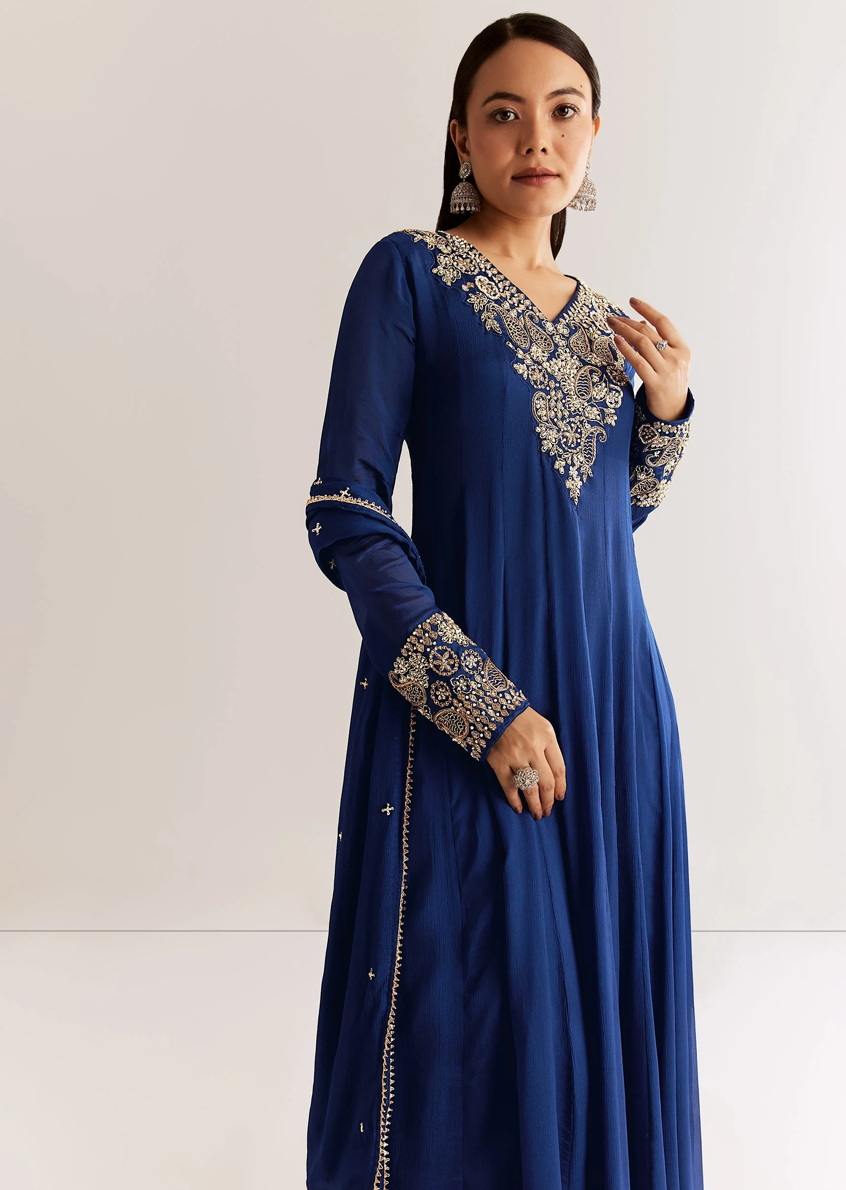 Navy Blue Chinon Anarkali Set With Cutdana Moti And Gotta Lace Dupatta - Image 4