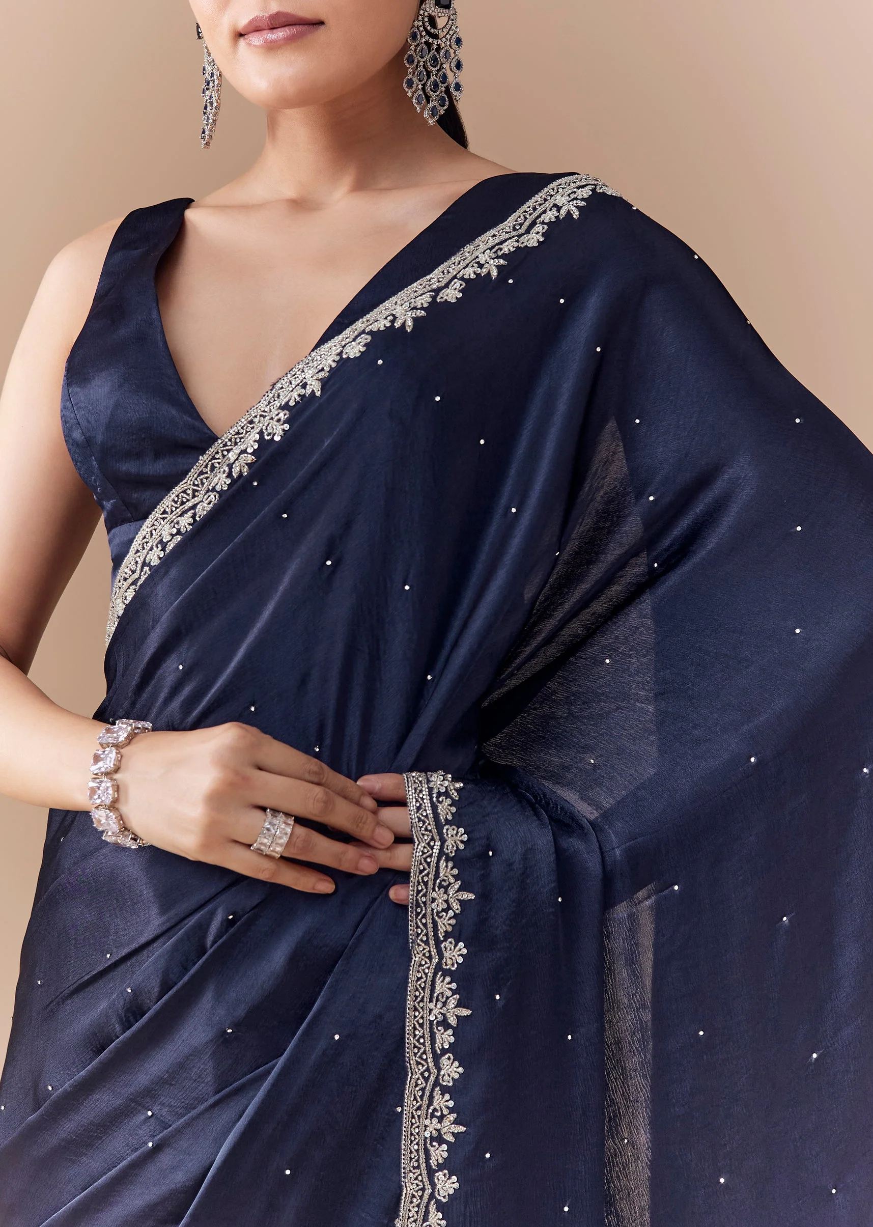 Navy Blue Chinon Embroidered Border Saree with Blouse Fabric - Image 2