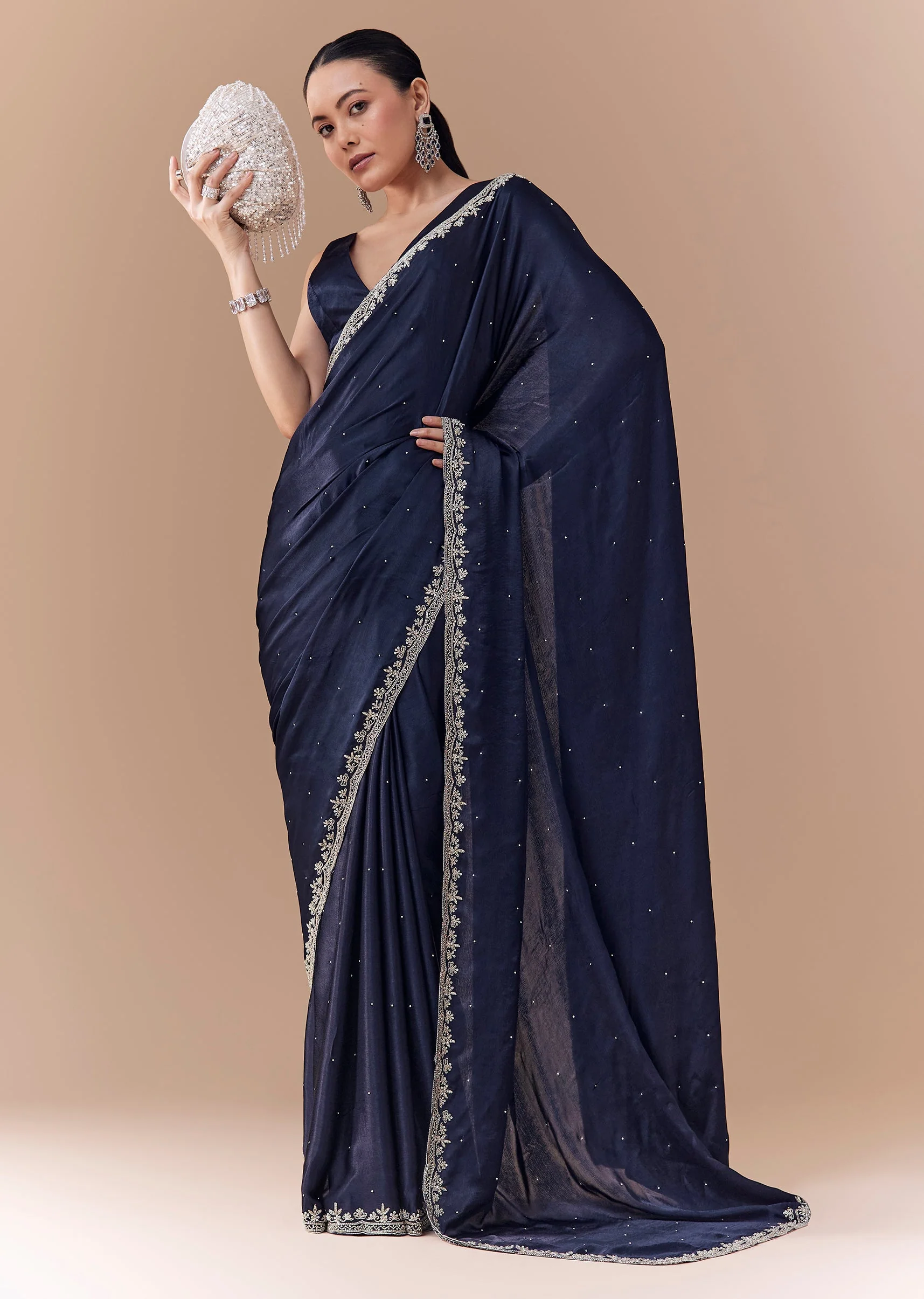 Navy Blue Chinon Embroidered Border Saree with Blouse Fabric - Image 3