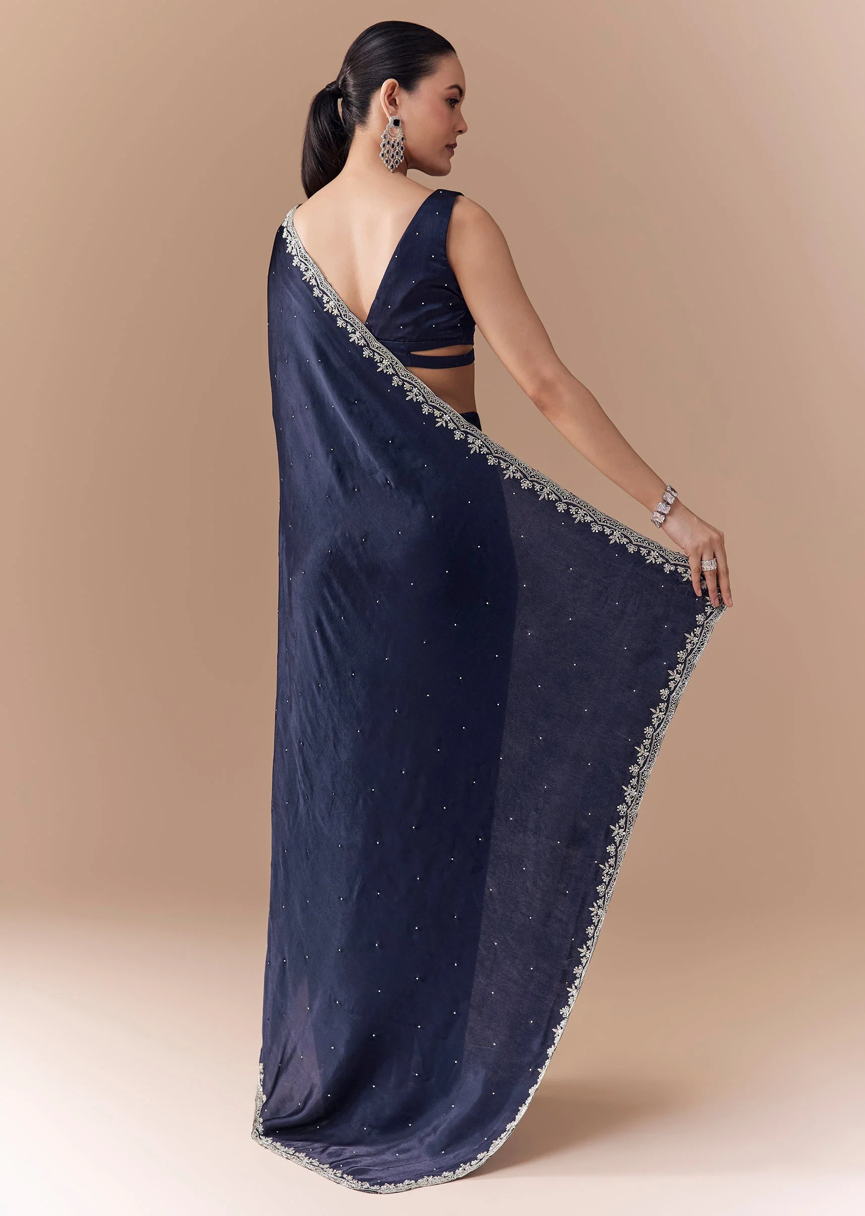 Navy Blue Chinon Embroidered Border Saree with Blouse Fabric - Image 4