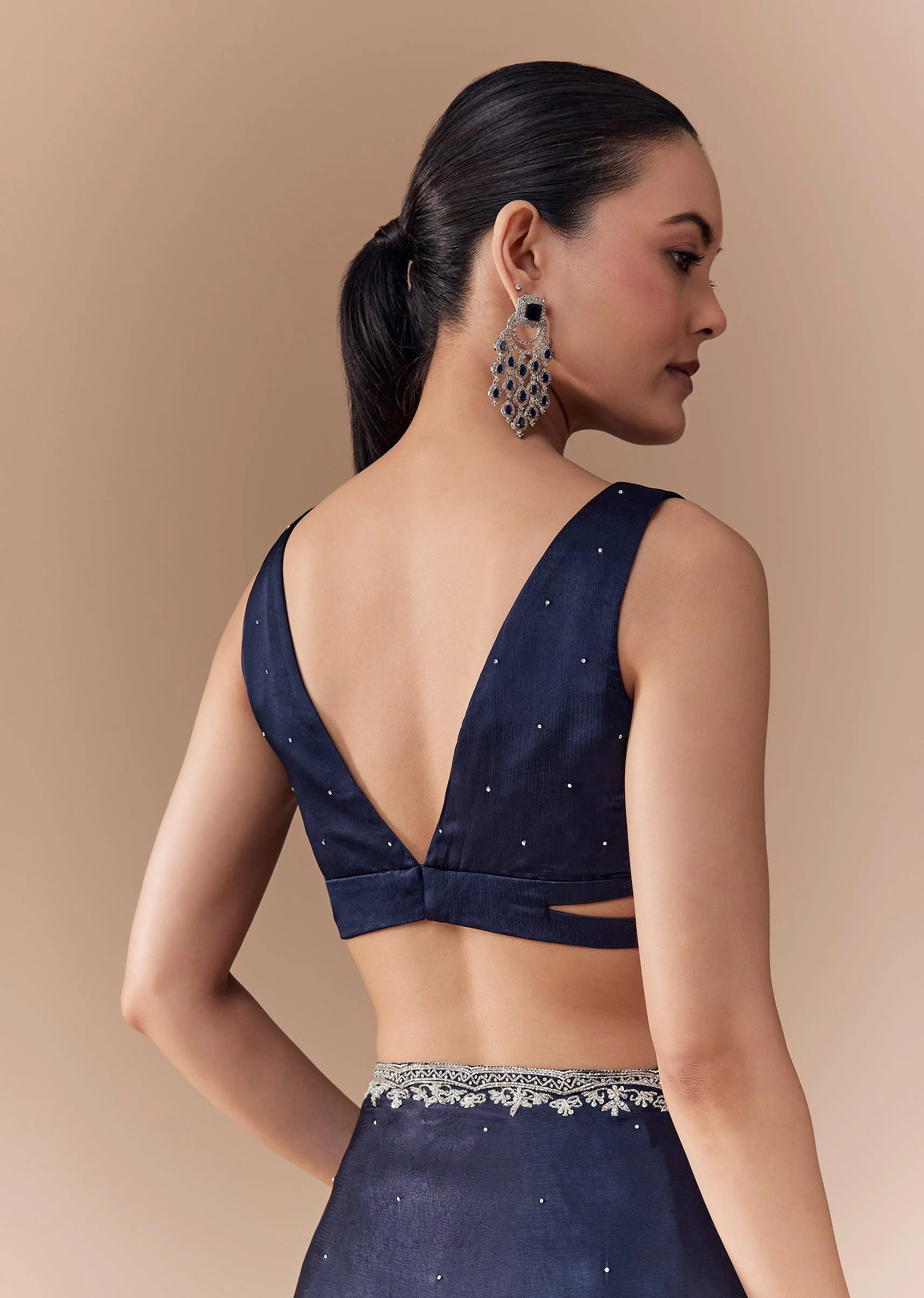 Navy Blue Chinon Embroidered Border Saree with Blouse Fabric - Image 8