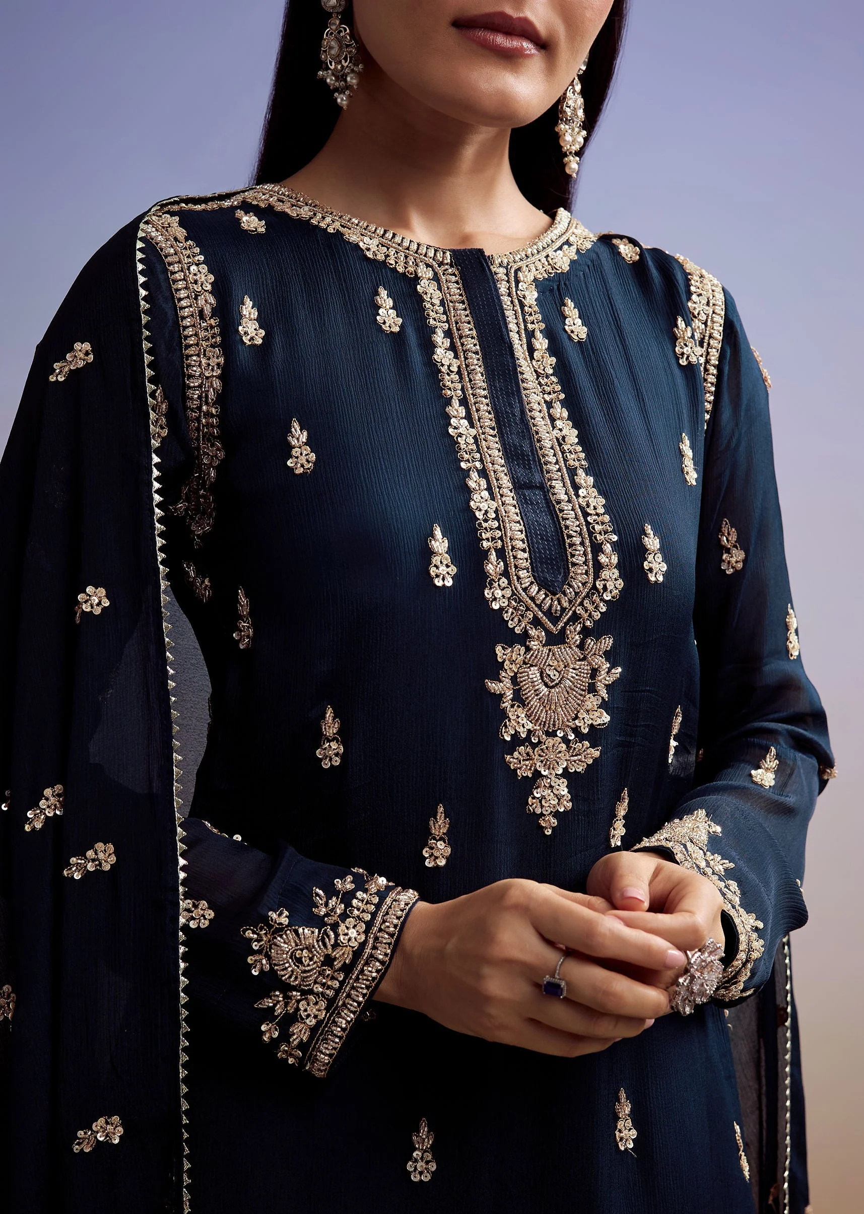 Navy Blue Chinon Sharara Suit With Cut Dana And Sequins Work - Image 2