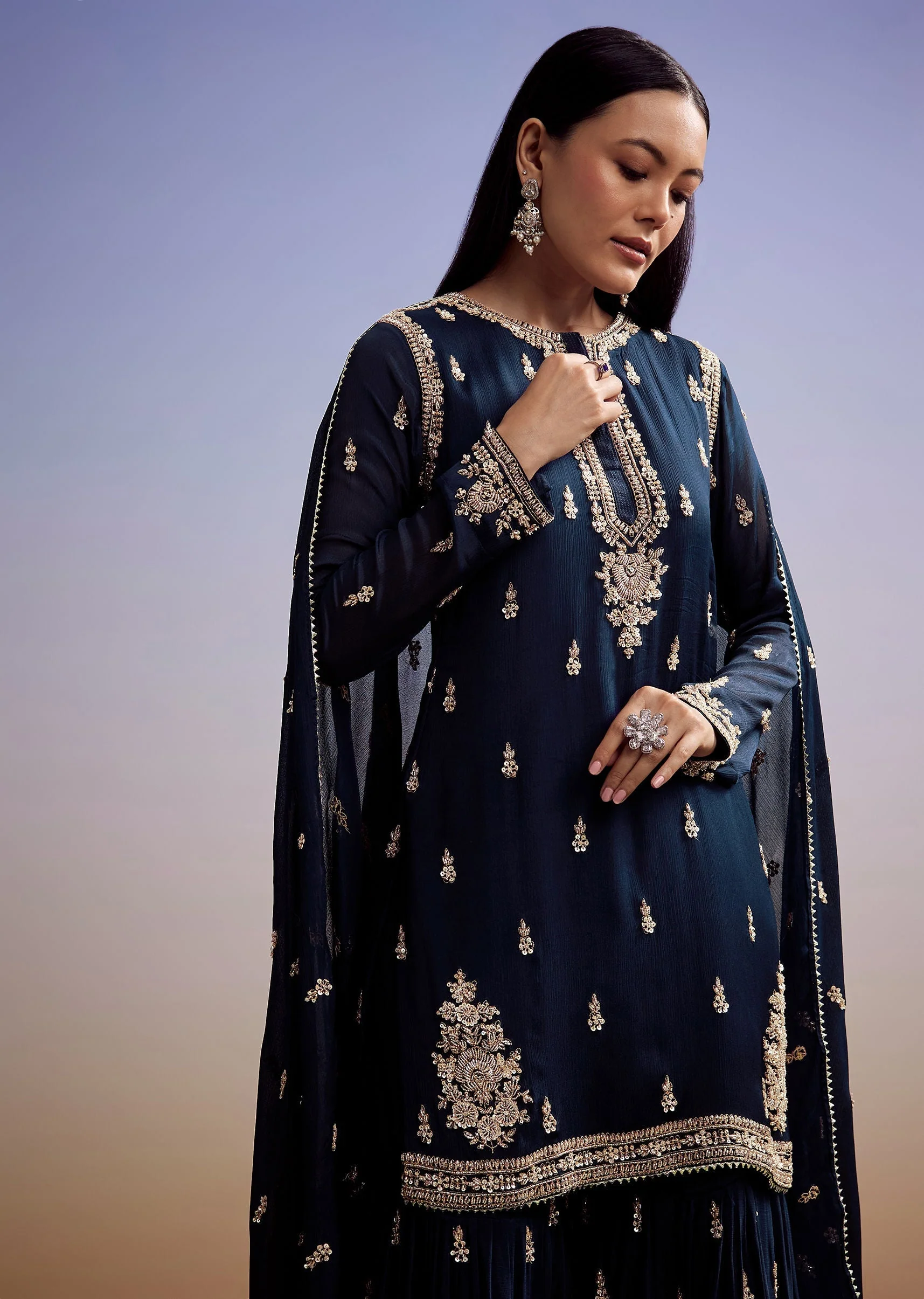 Navy Blue Chinon Sharara Suit With Cut Dana And Sequins Work - Image 4