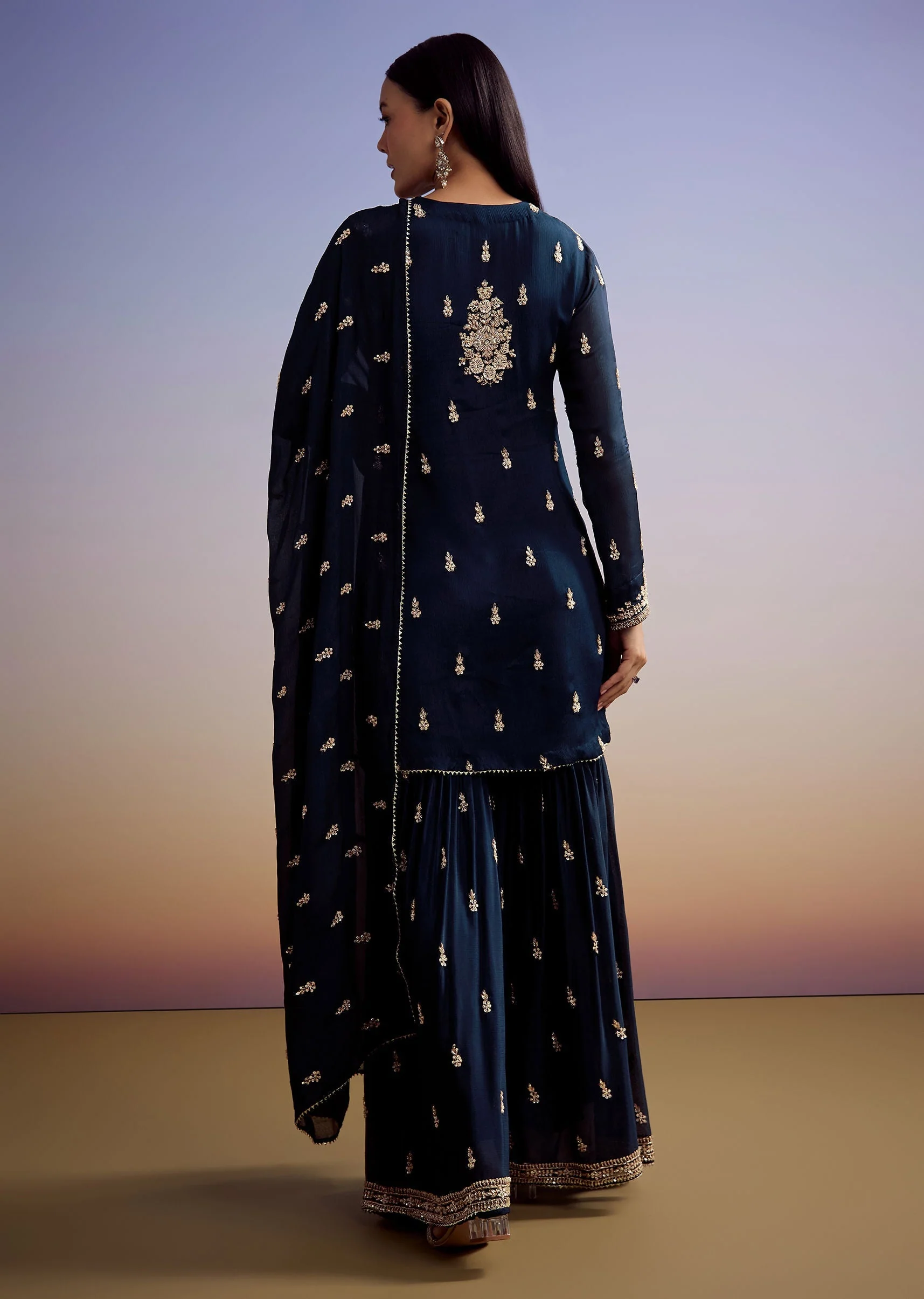 Navy Blue Chinon Sharara Suit With Cut Dana And Sequins Work - Image 5