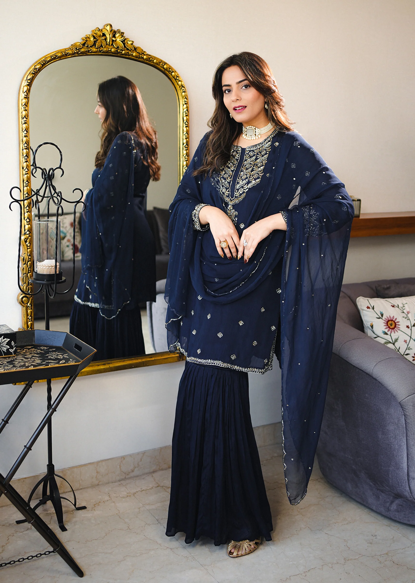 Navy Blue Chinon Sharara Suit With Cutdana And Sequin Embroidered Kurta