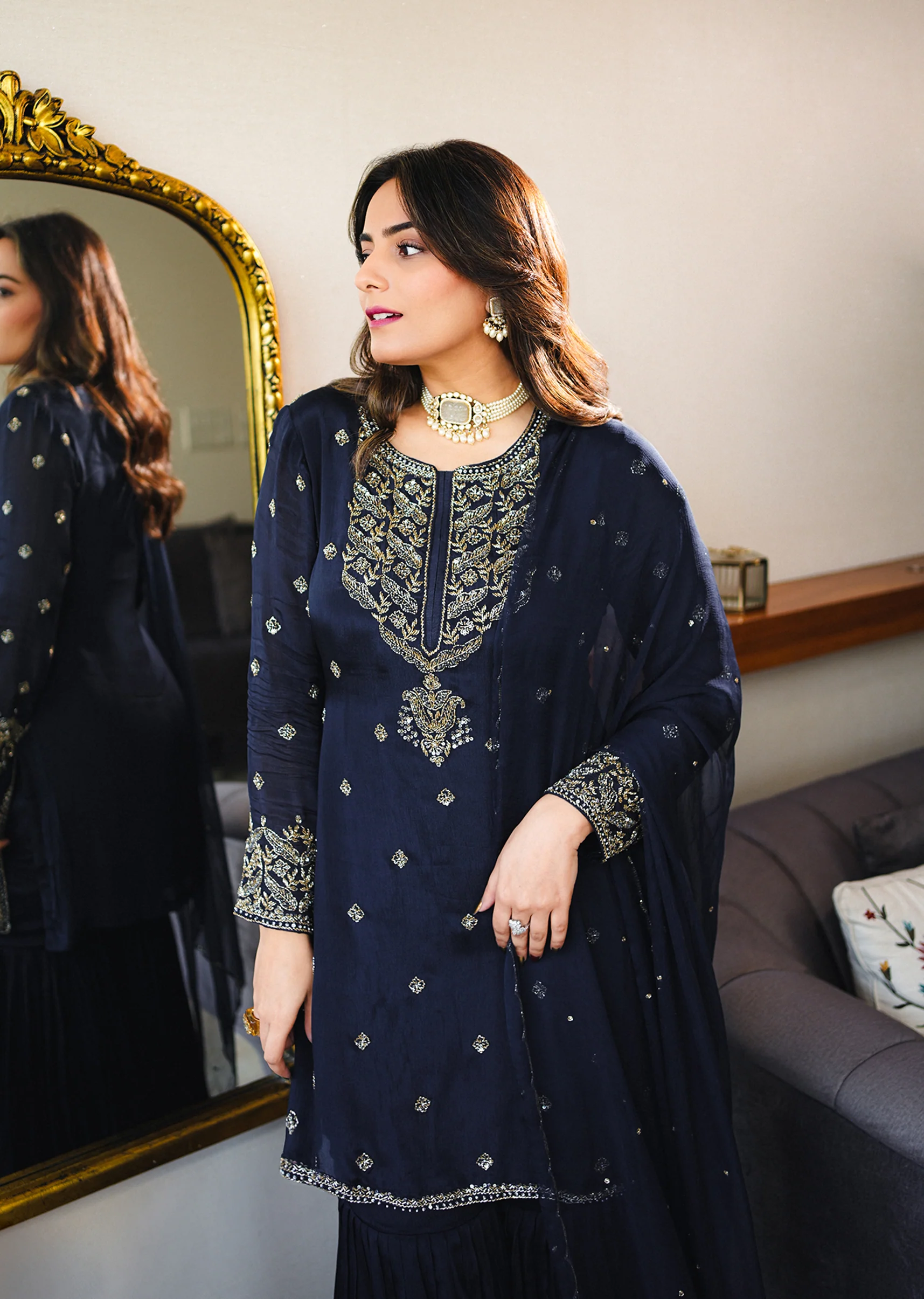 Navy Blue Chinon Sharara Suit With Cutdana And Sequin Embroidered Kurta - Image 4