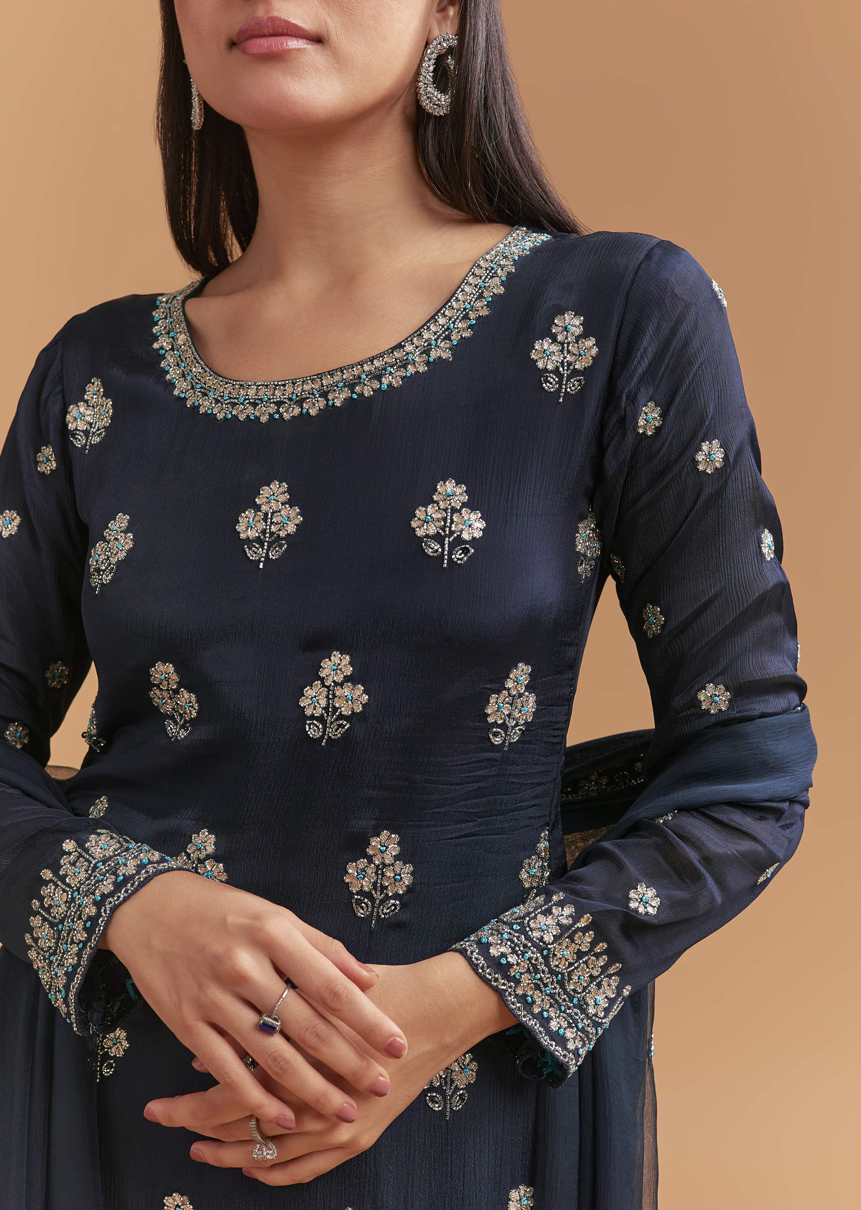 Navy Blue Chinon Sharara Suit With Heavy Cutdana Embroidery - Image 2
