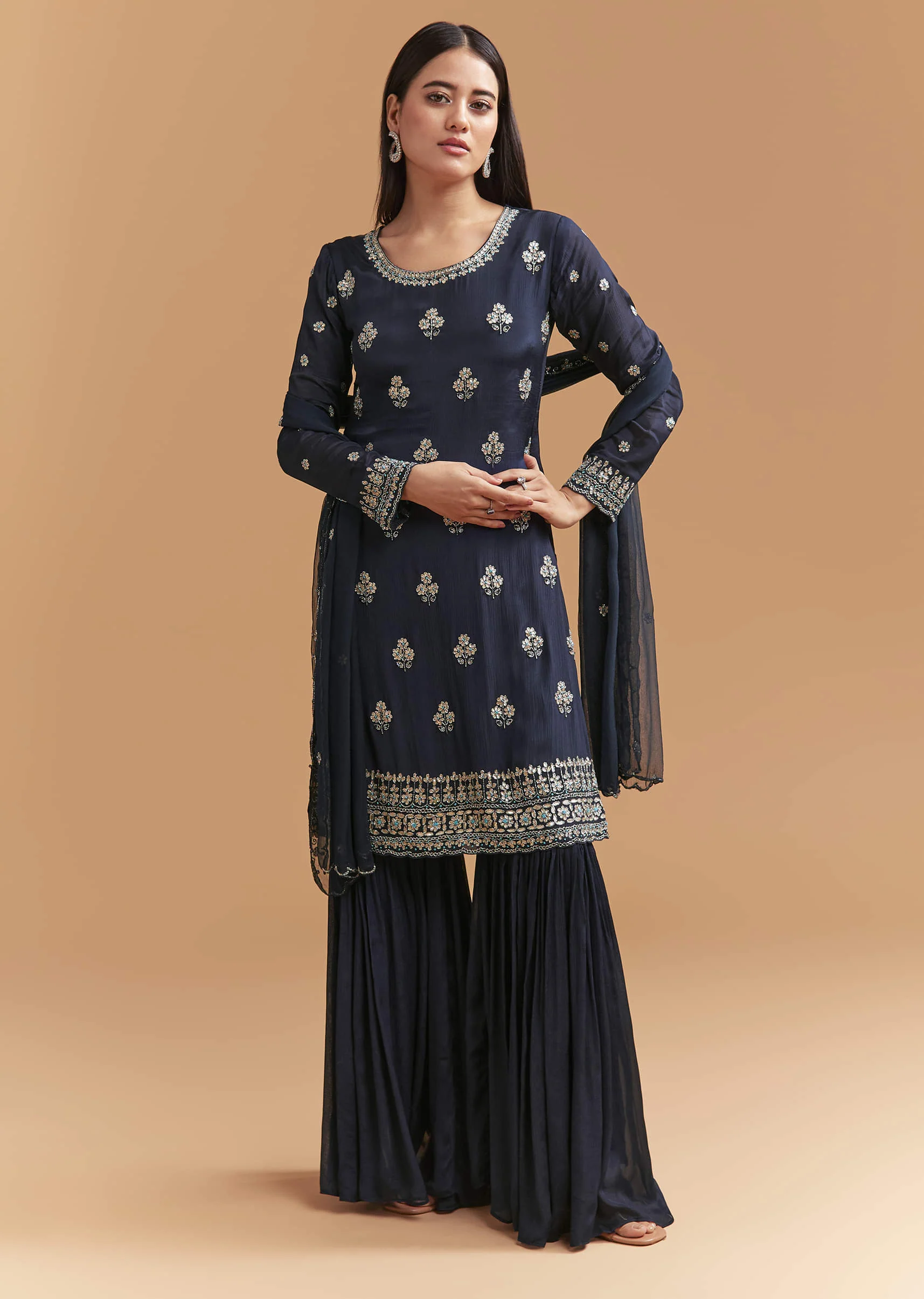 Navy Blue Chinon Sharara Suit With Heavy Cutdana Embroidery - Image 3