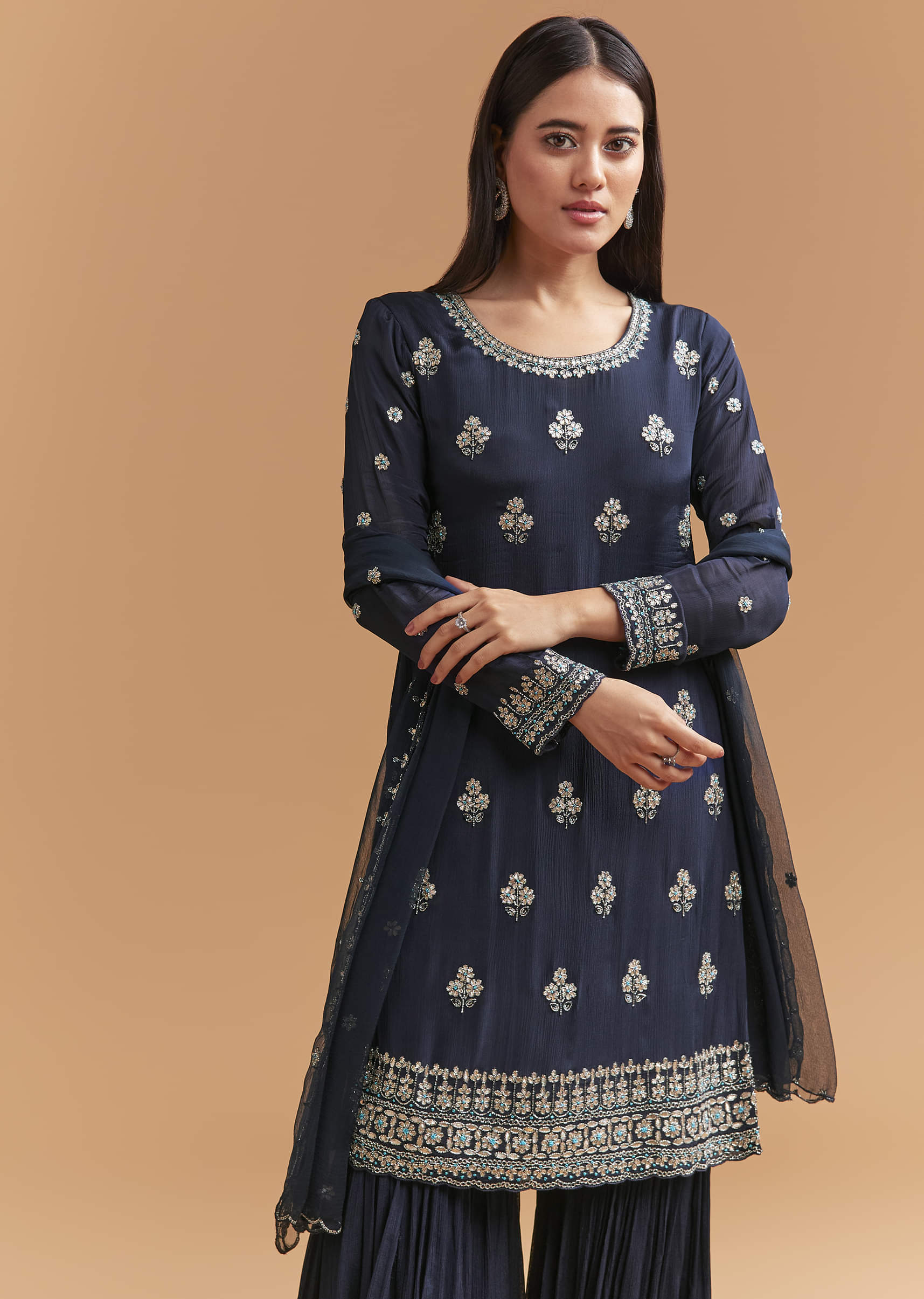 Navy Blue Chinon Sharara Suit With Heavy Cutdana Embroidery - Image 4