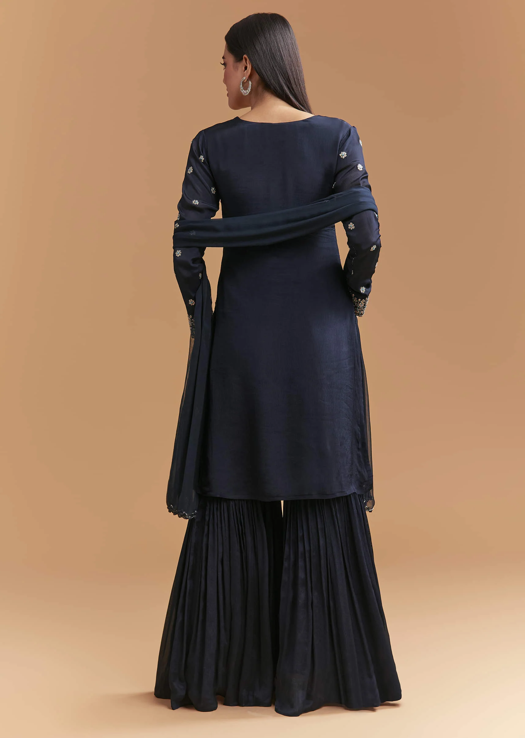 Navy Blue Chinon Sharara Suit With Heavy Cutdana Embroidery - Image 5