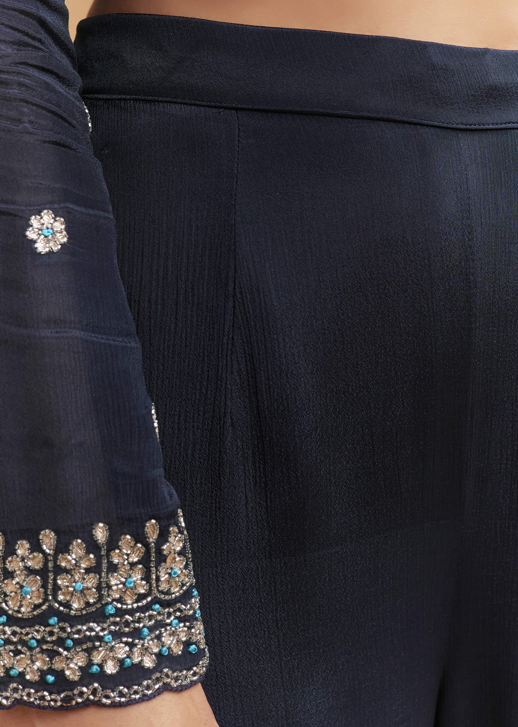 Navy Blue Chinon Sharara Suit With Heavy Cutdana Embroidery - Image 6