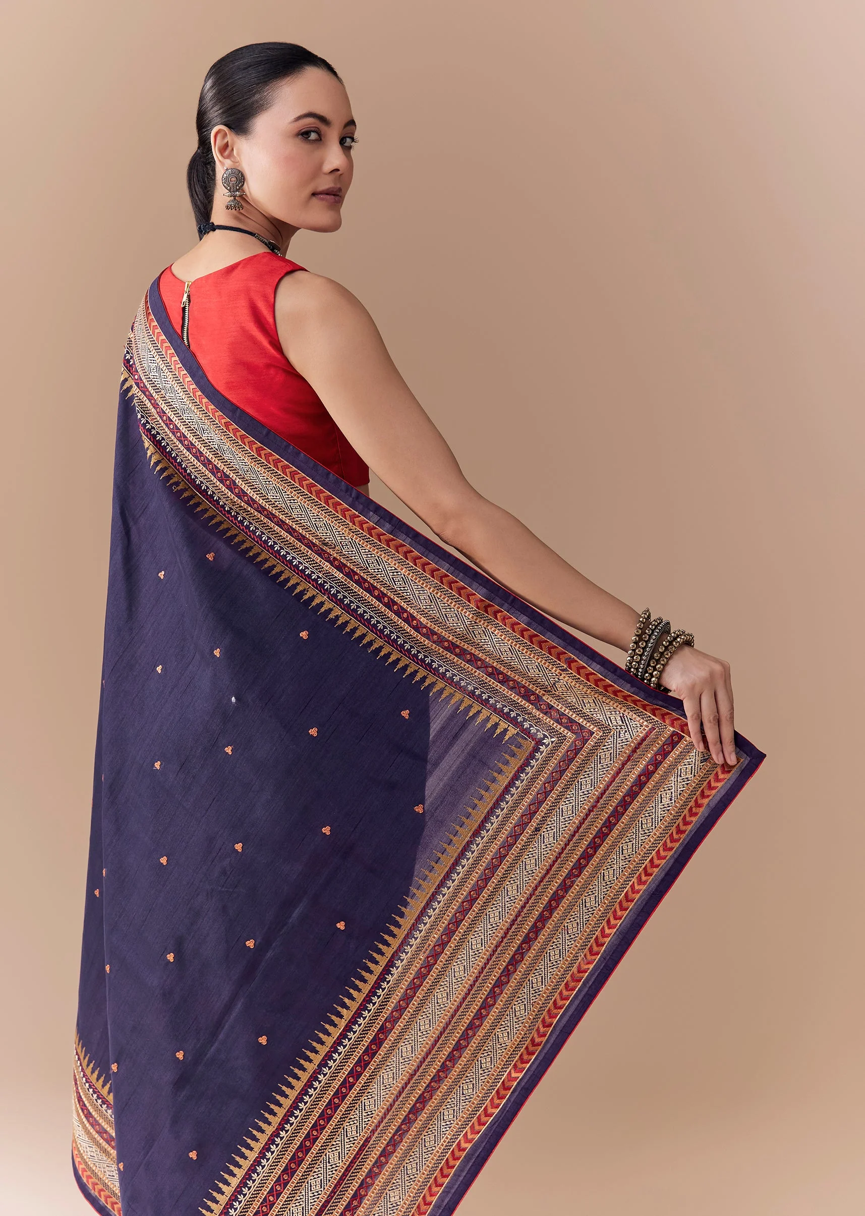 Navy Blue Cotton Linen Woven Saree with Blouse Fabric - Image 6