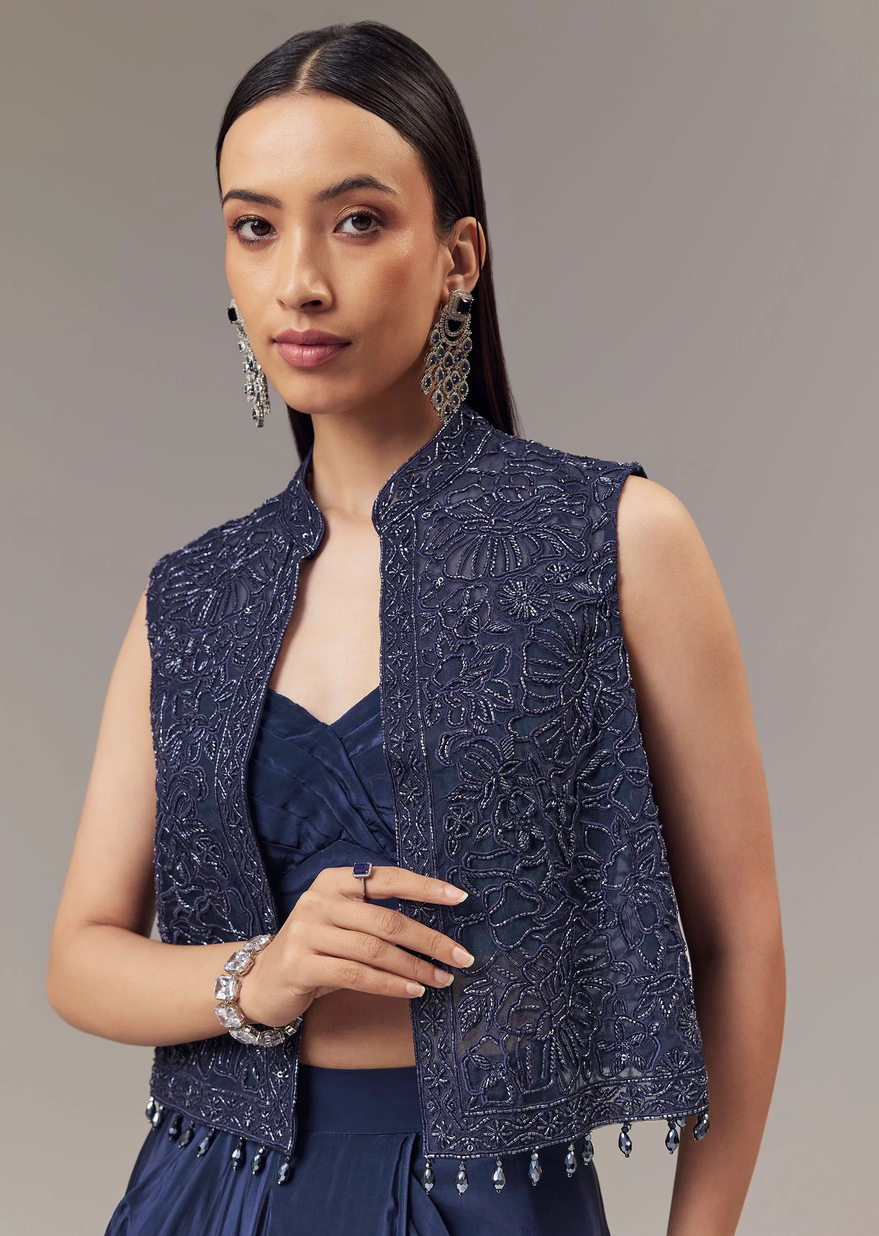 Navy Blue Crepe Indo Western Crop Top And Draped Skirt Set With Embroidered Jacket - Image 3