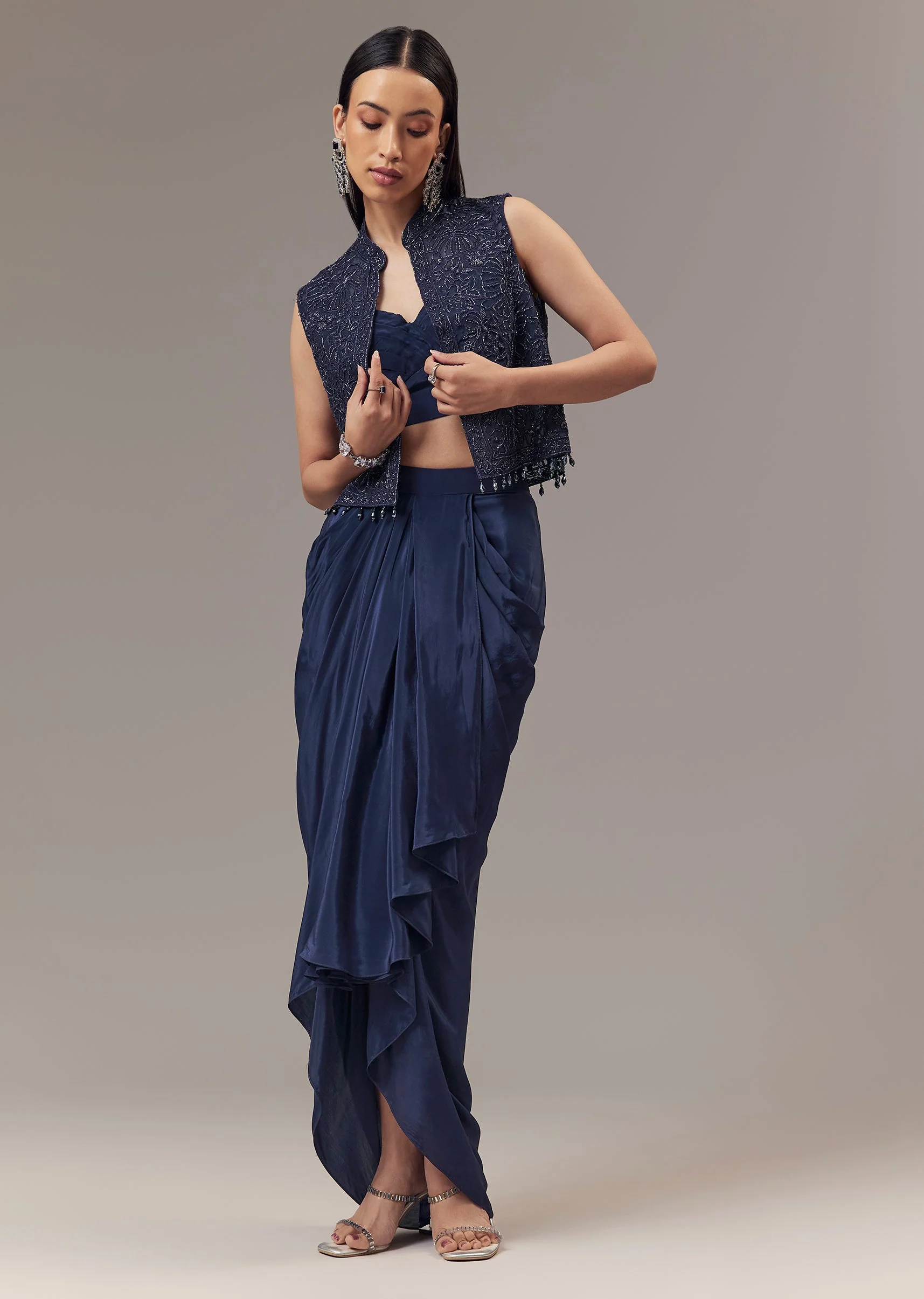 Navy Blue Crepe Indo Western Crop Top And Draped Skirt Set With Embroidered Jacket - Image 4