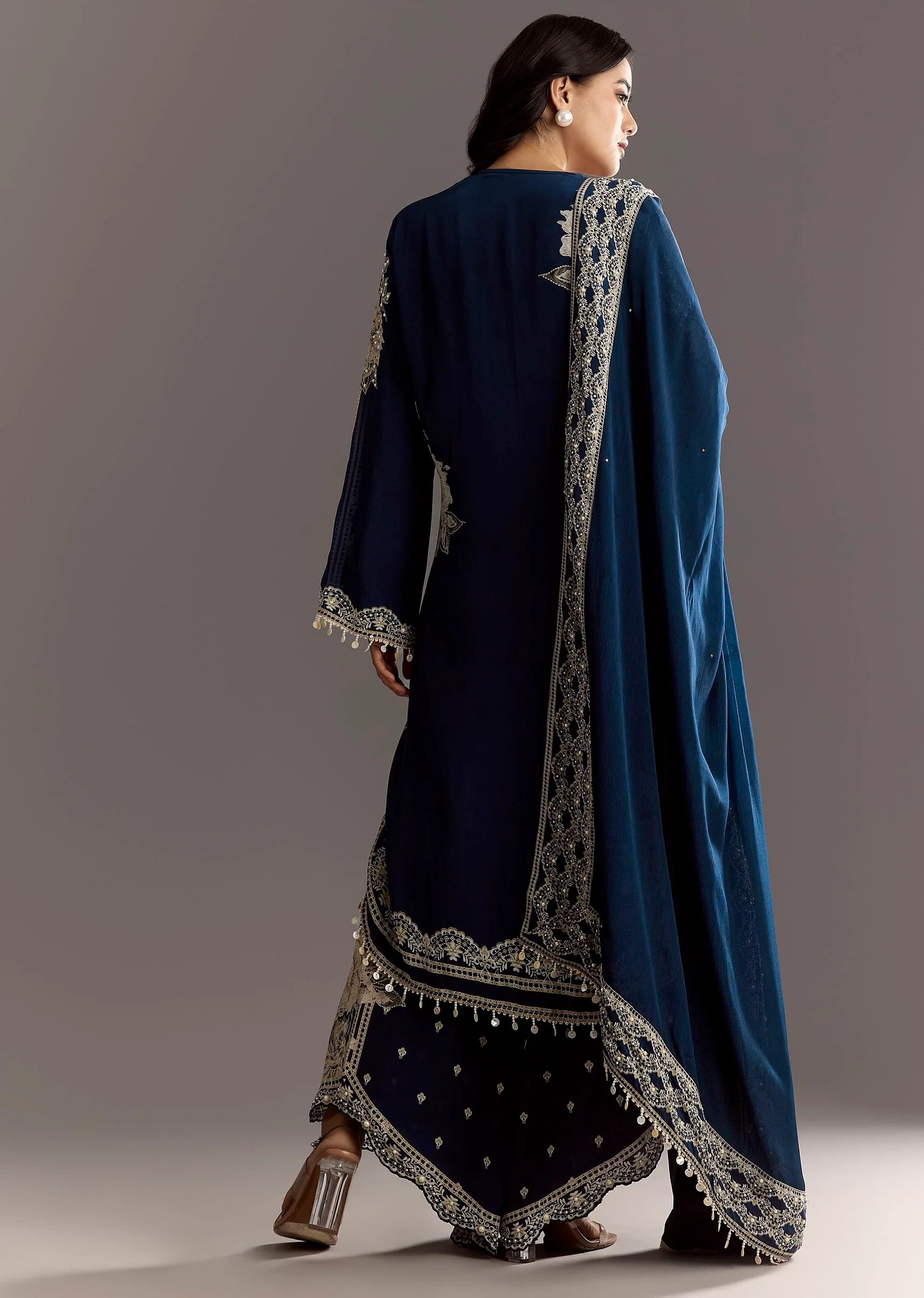 Navy Blue Crepe Moti Work Kurta With Printed Palazzo Dupatta - Image 5