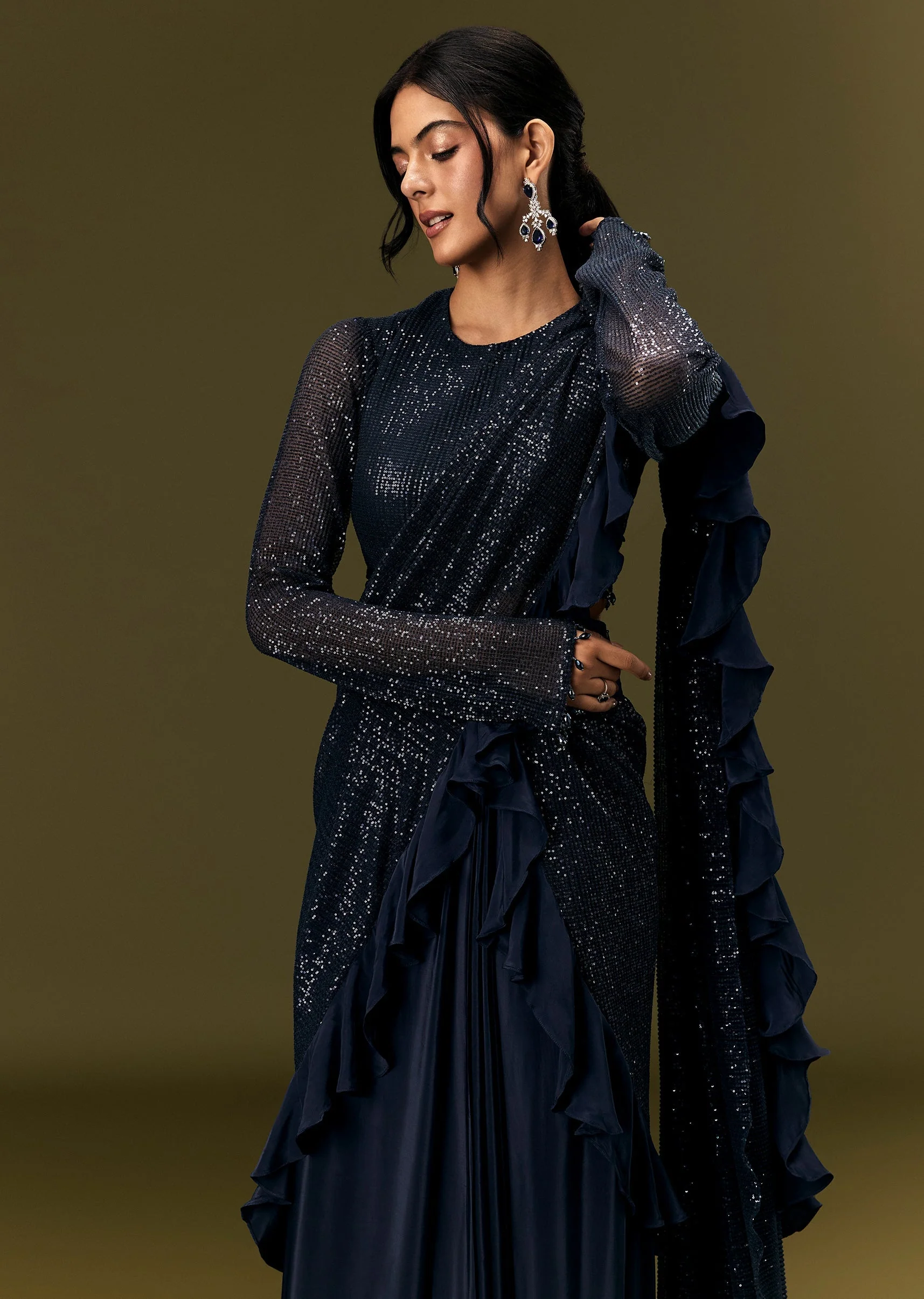 Navy Blue Crepe Ready Pleated Saree With Full Sleeve High Neck Blouse