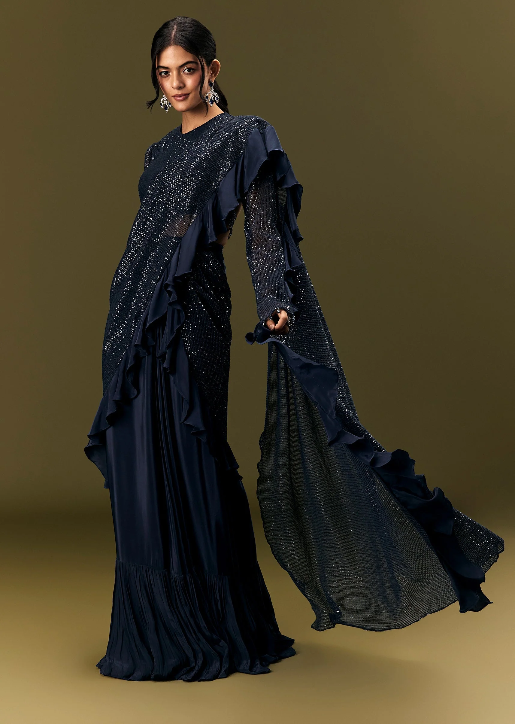 Navy Blue Crepe Ready Pleated Saree With Full Sleeve High Neck Blouse - Image 4
