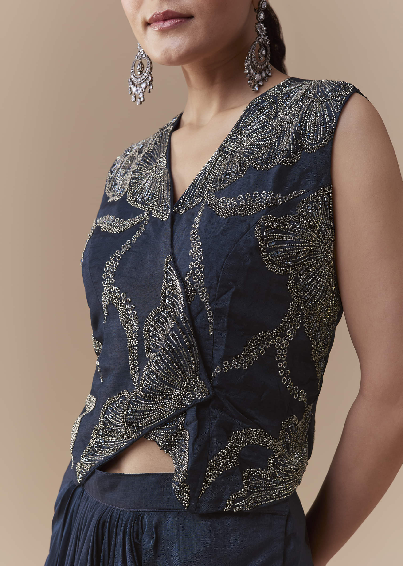 Navy Blue Crop Top and Silk Skirt Set with Cutdana Work - Image 2