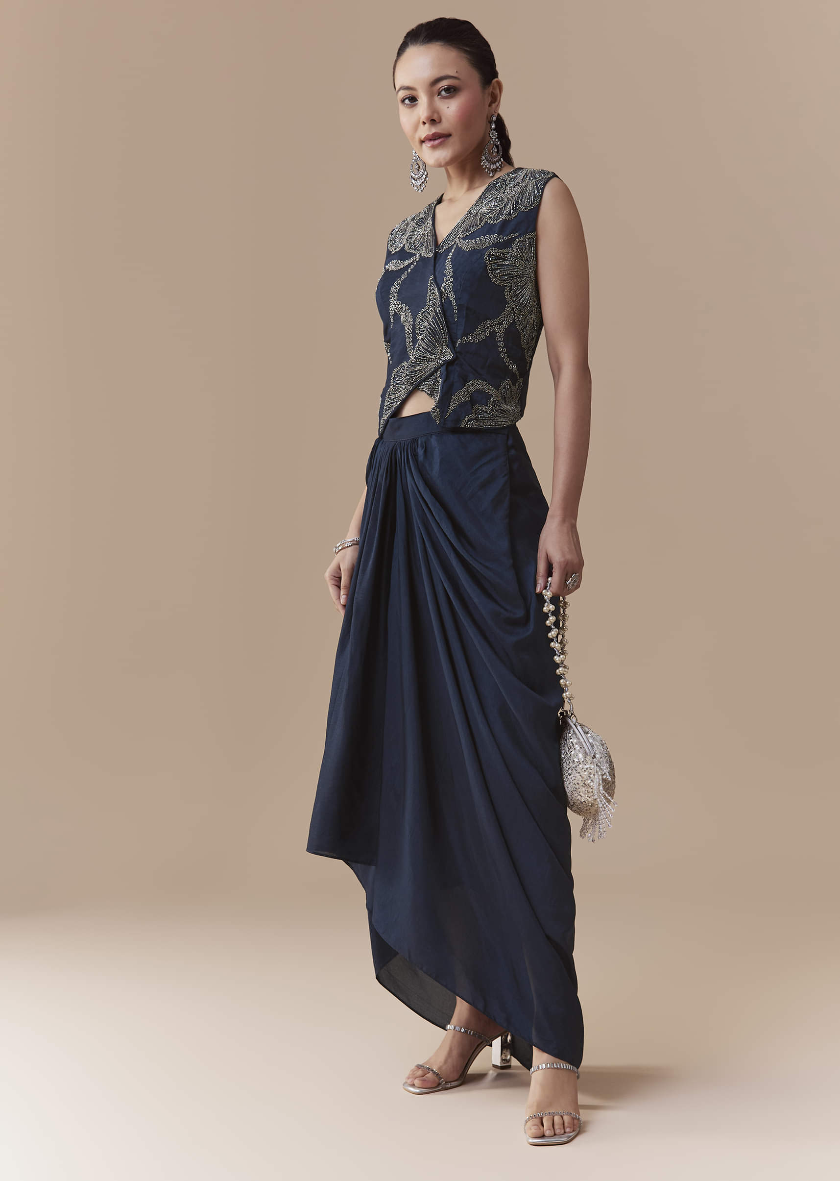 Navy Blue Crop Top and Silk Skirt Set with Cutdana Work - Image 3