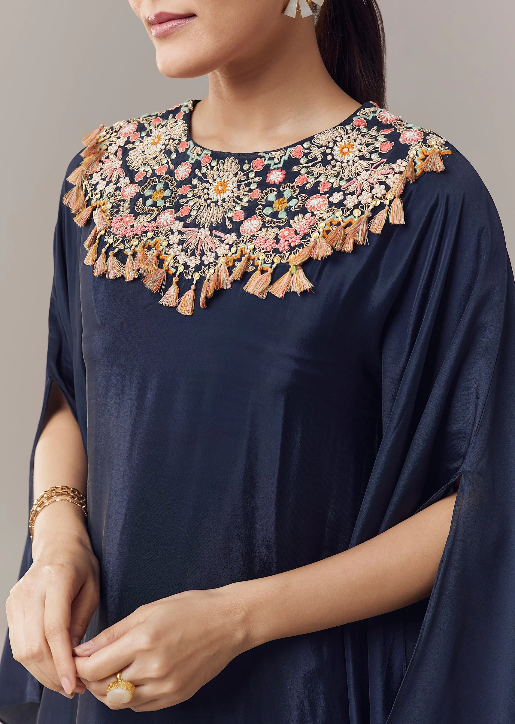 Navy Blue Crop Top And Skirt Set With Zardosi Work - Image 2