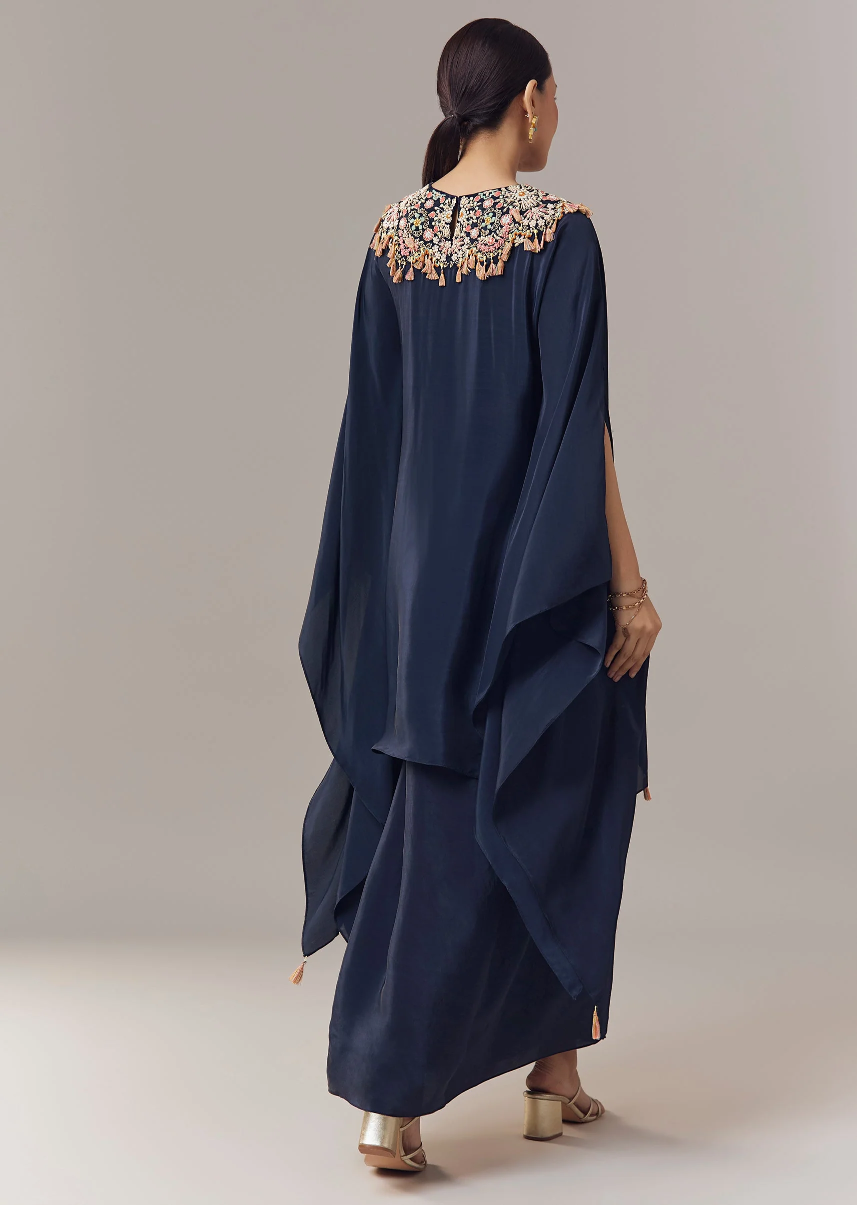 Navy Blue Crop Top And Skirt Set With Zardosi Work - Image 5